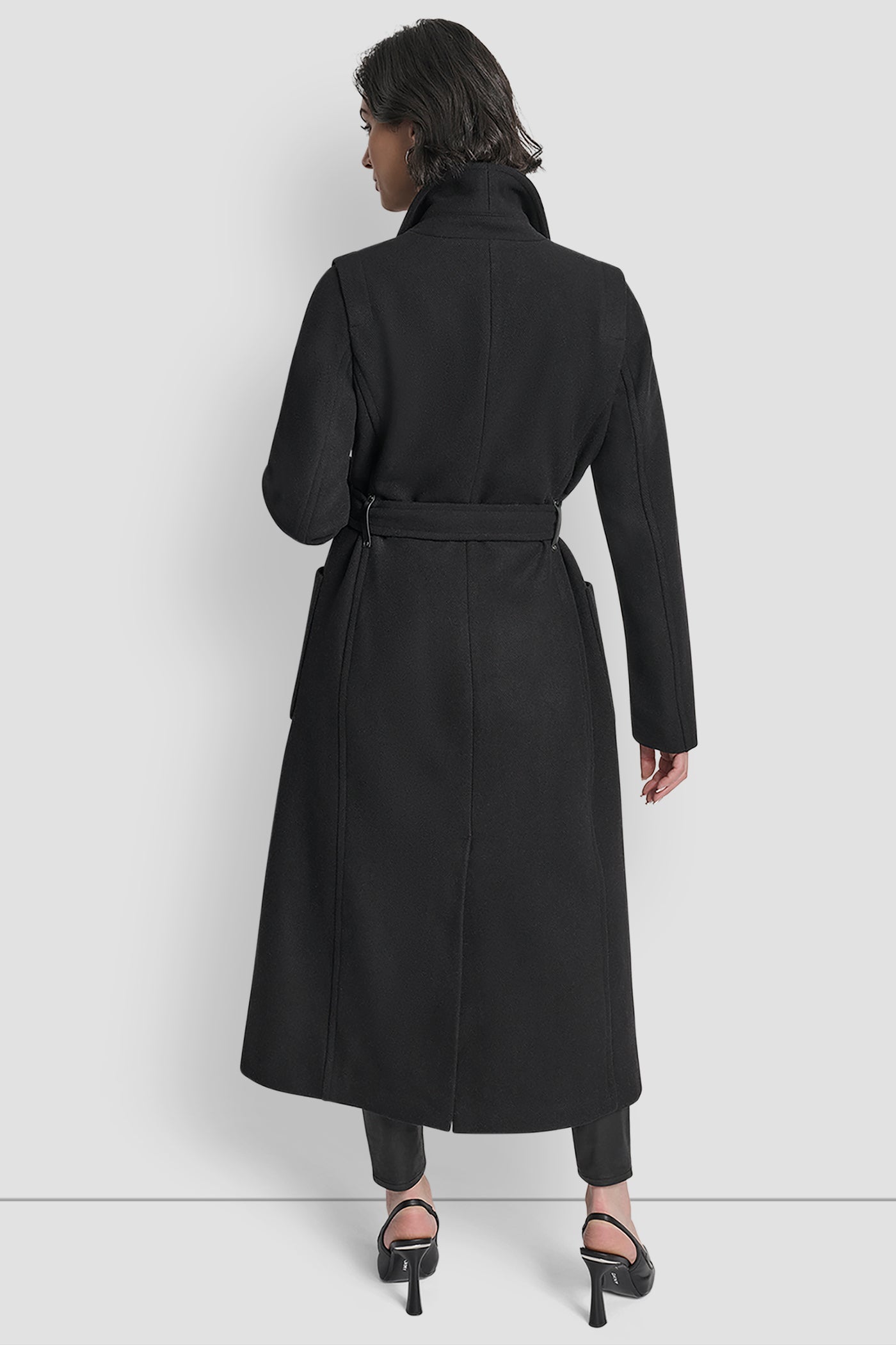Black LONG WOOL TAILORED TIE WAIST COAT, BACK VIEW | DKNY Promo