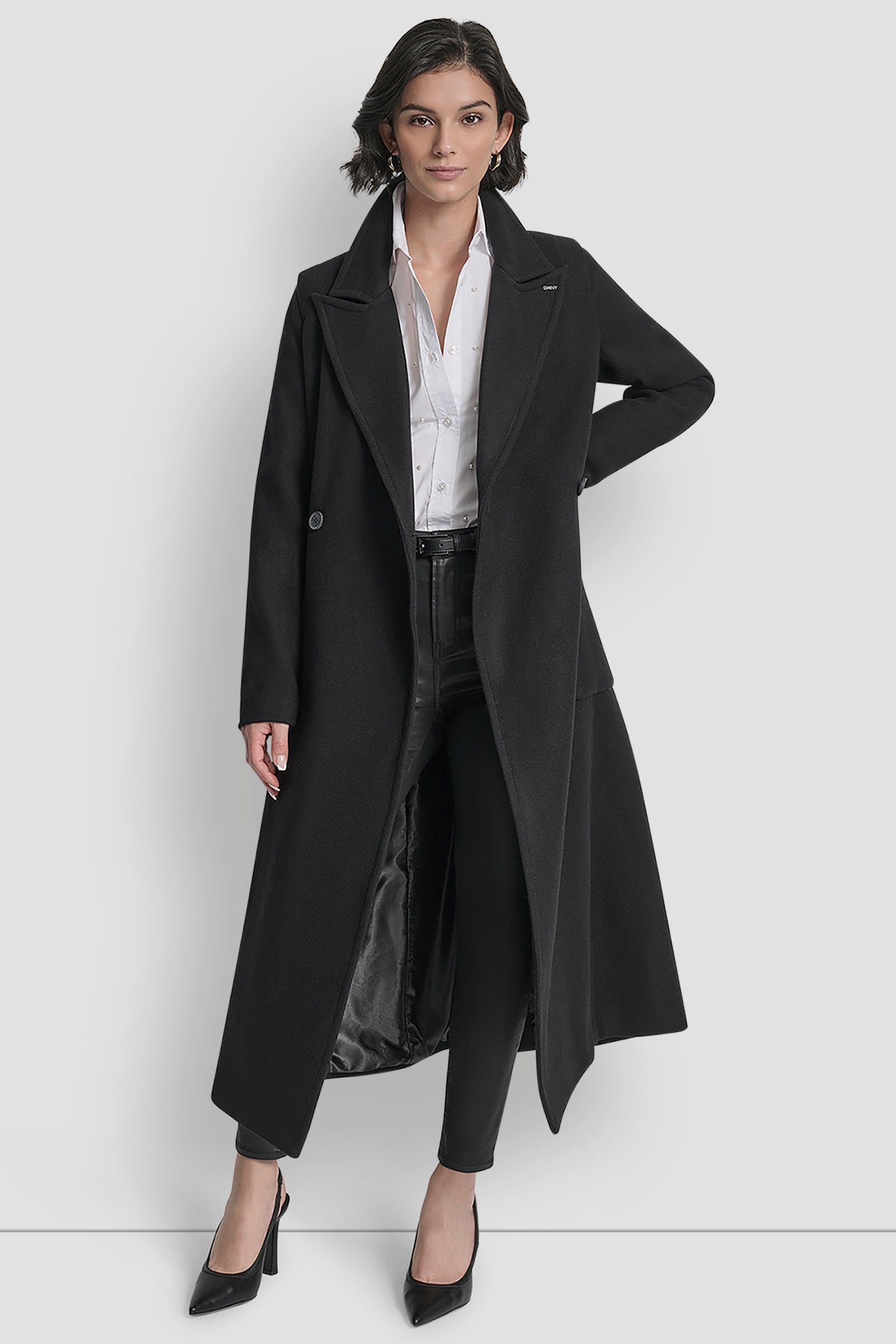 Black LONG WOOL TAILORED TIE WAIST COAT, FRONT VIEW | DKNY Promo