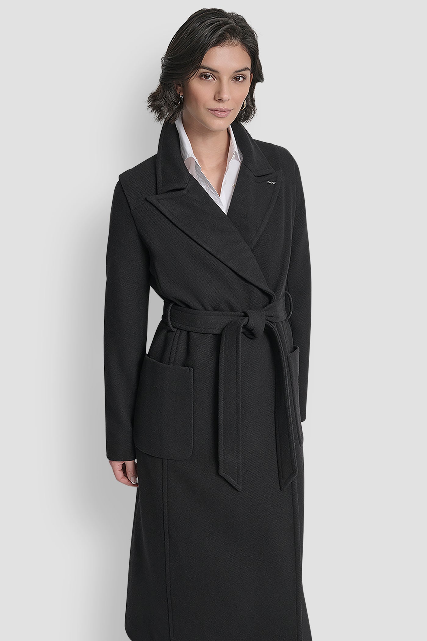 LONG WOOL TAILORED TIE WAIST COAT VIEW 5 | DKNY Promo