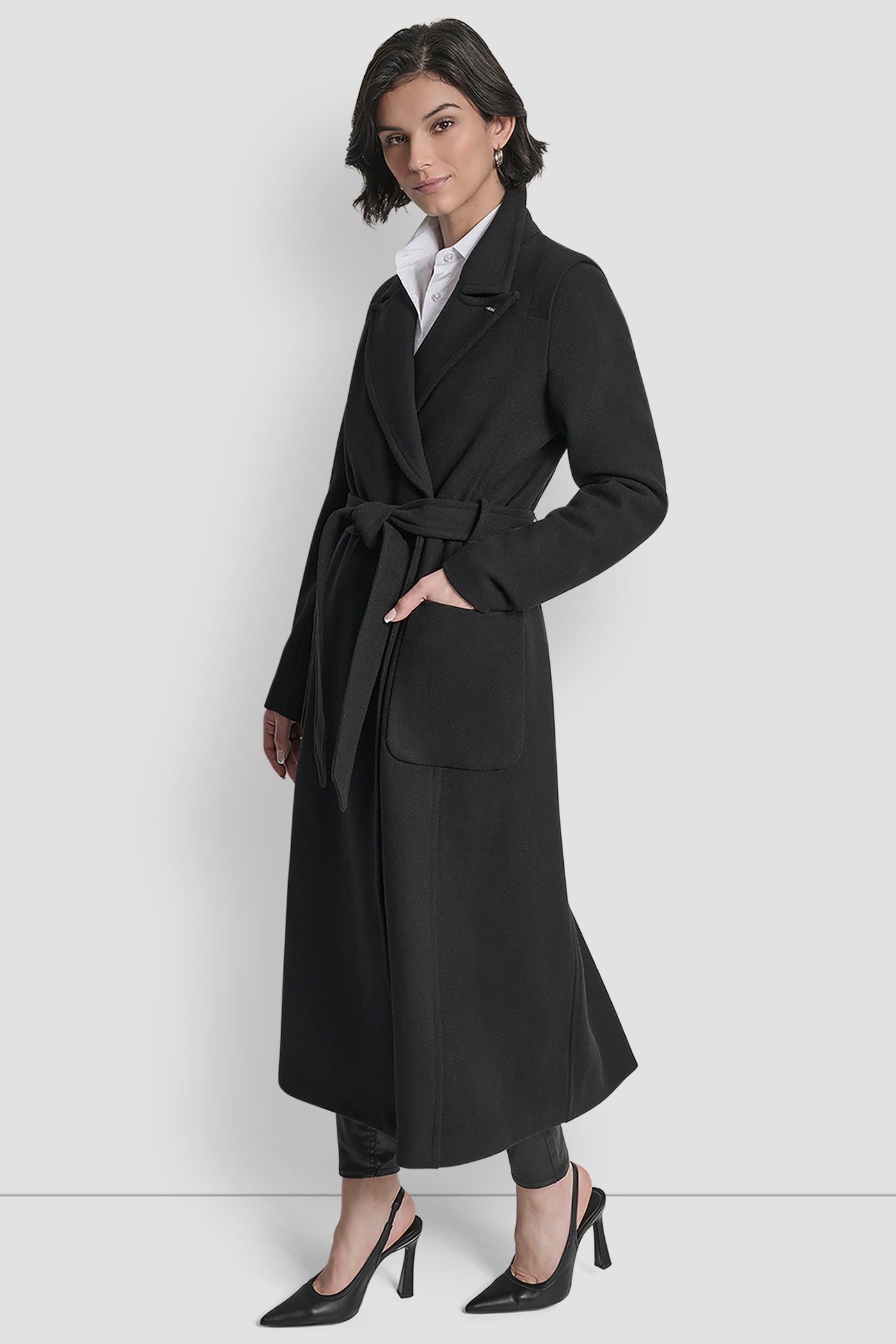 LONG WOOL TAILORED TIE WAIST COAT VIEW 3 | DKNY Promo