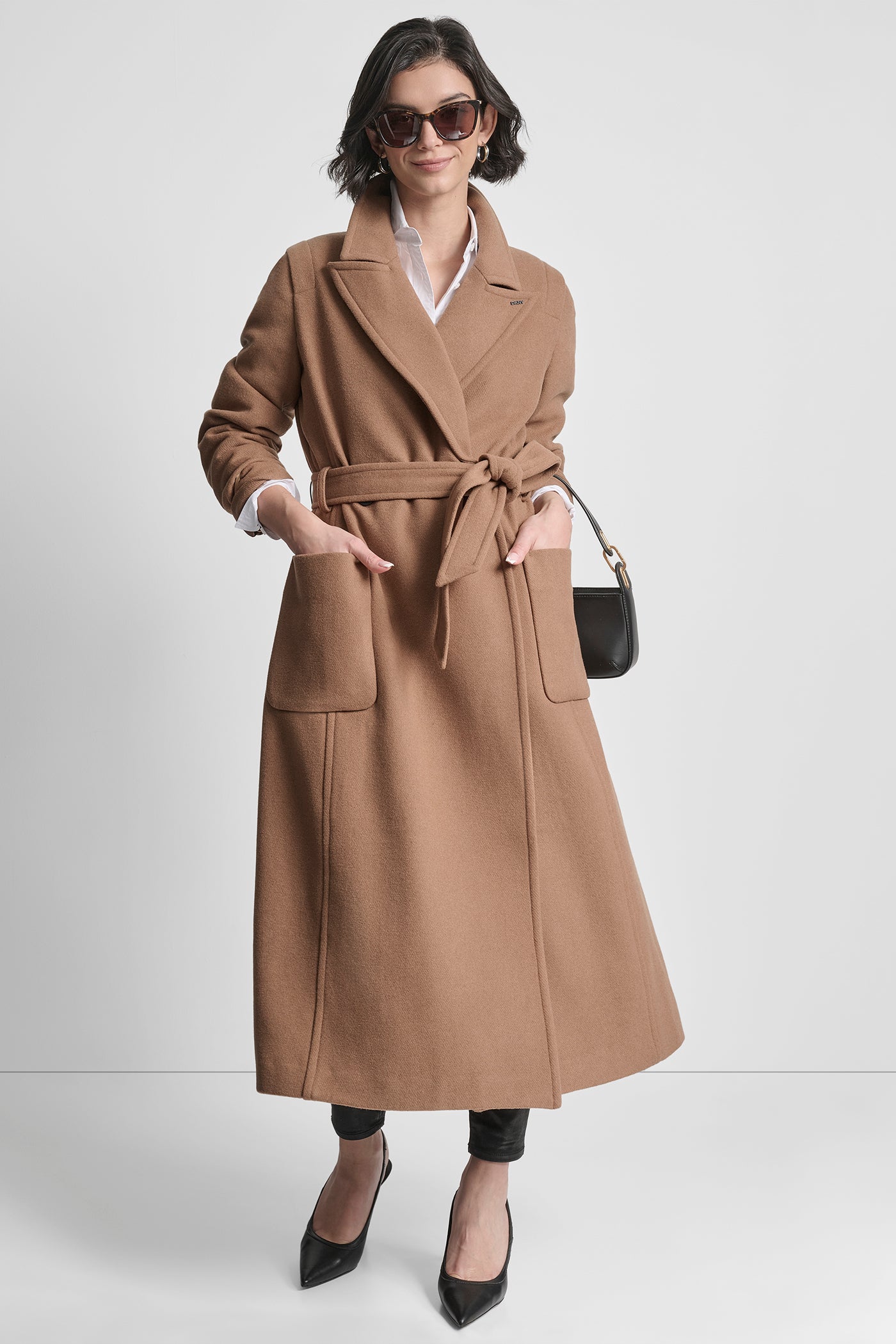 LONG WOOL TAILORED TIE WAIST COAT VIEW 9 | DKNY Promo