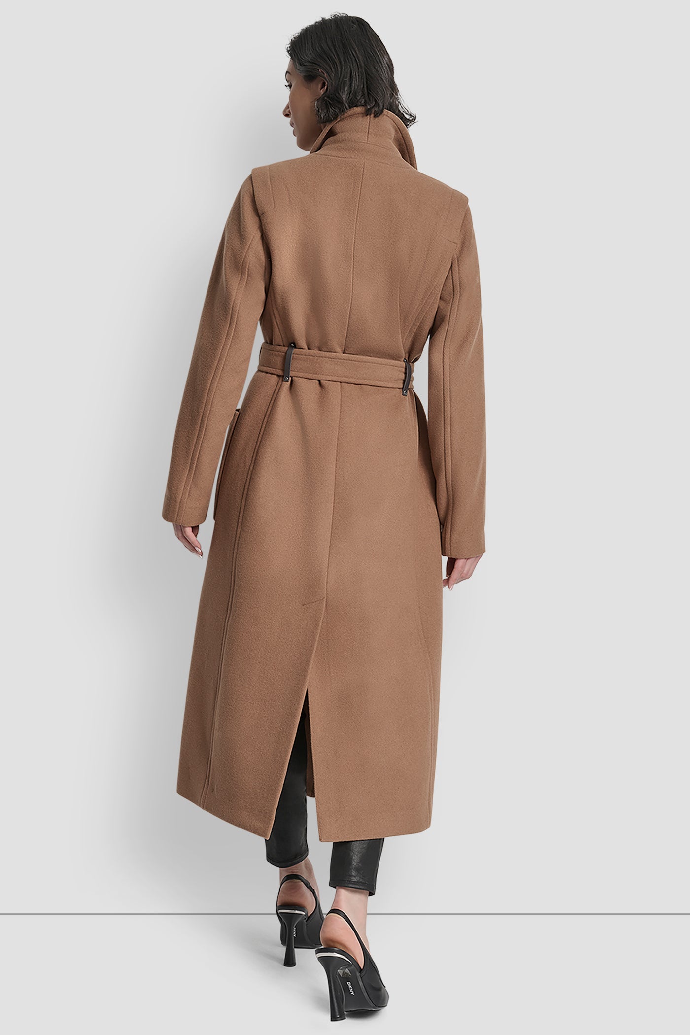 DARK CAMEL LONG WOOL TAILORED TIE WAIST COAT, BACK VIEW | DKNY Promo