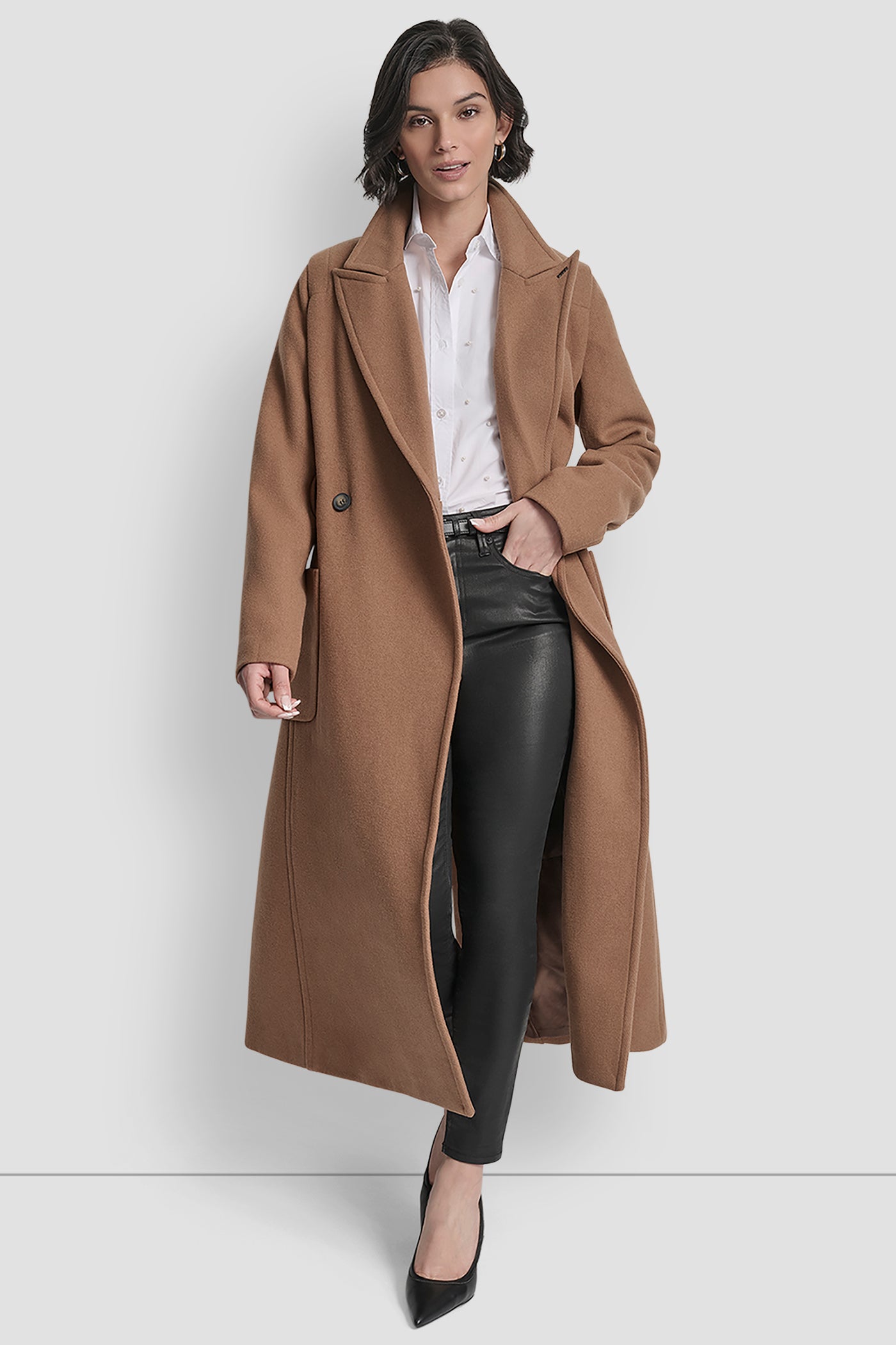 LONG WOOL TAILORED TIE WAIST COAT VIEW 8 | DKNY Promo