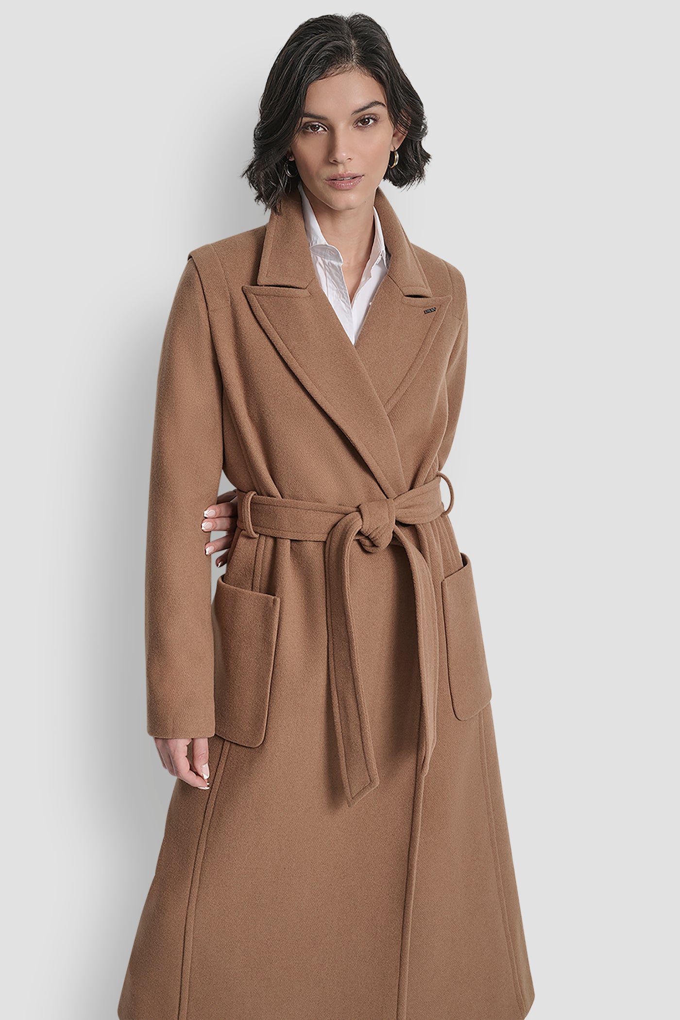 LONG WOOL TAILORED TIE WAIST COAT VIEW 4 | DKNY Promo