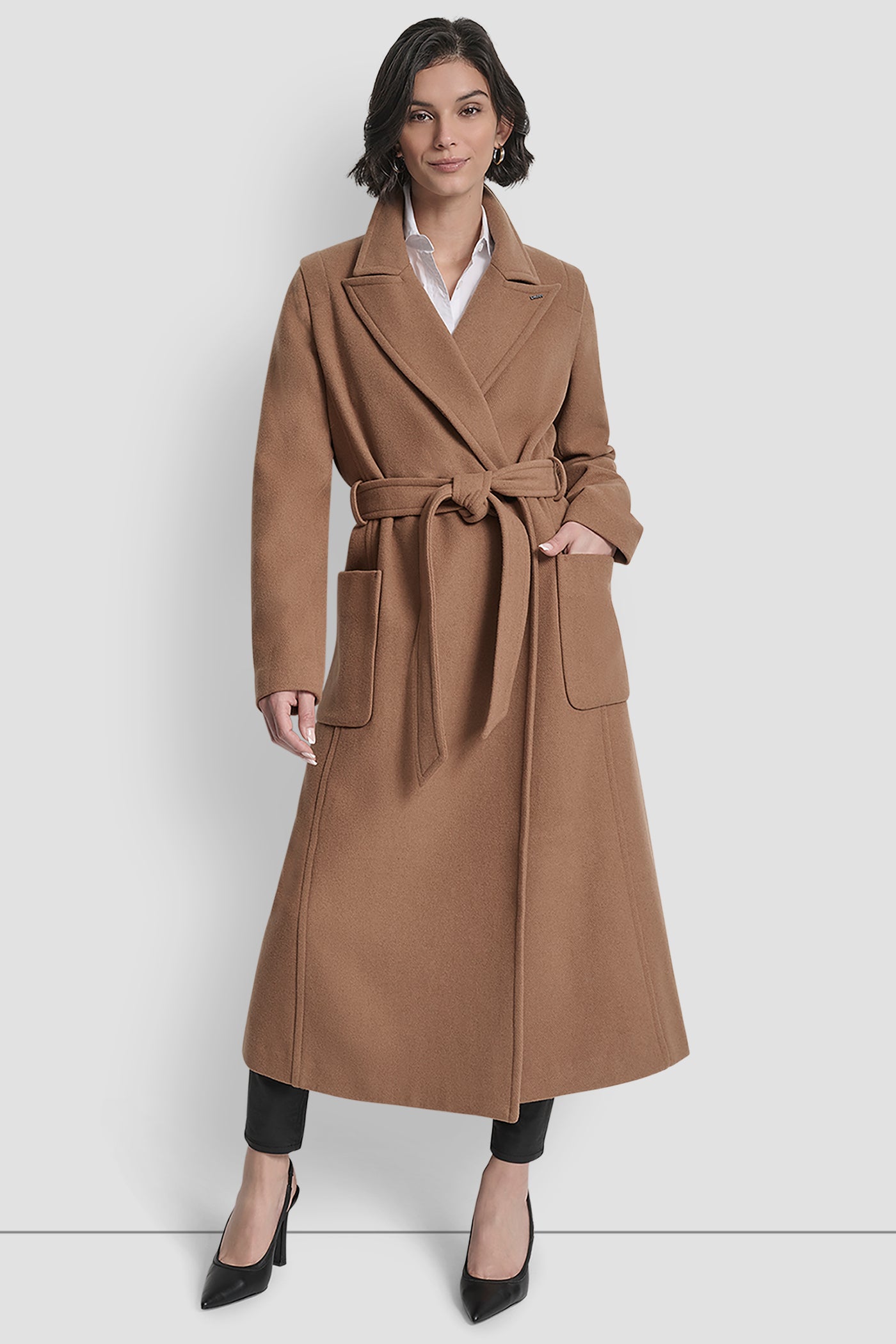 DARK CAMEL LONG WOOL TAILORED TIE WAIST COAT, FRONT VIEW | DKNY Promo