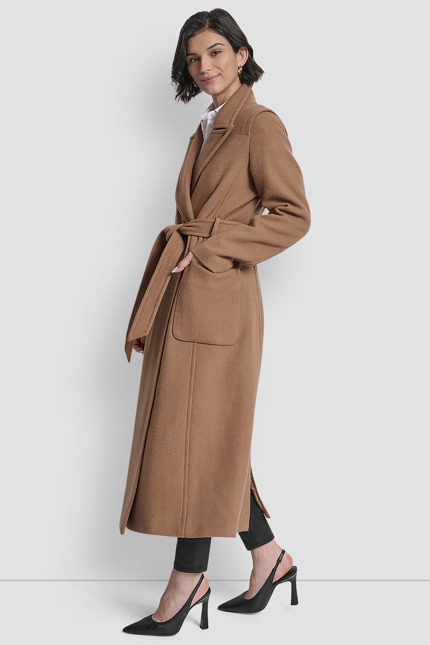 LONG WOOL TAILORED TIE WAIST COAT VIEW 3 | DKNY Promo