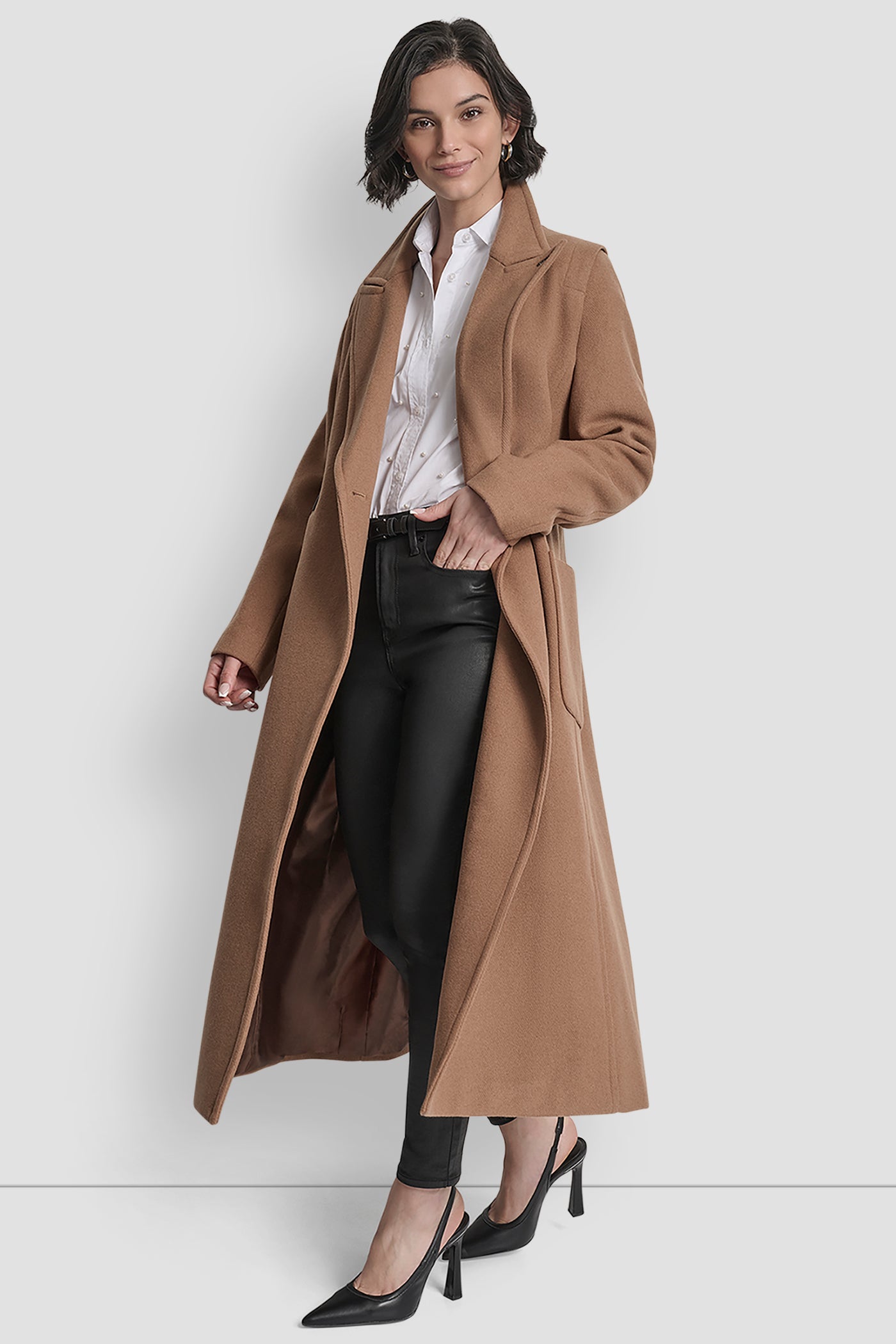 LONG WOOL TAILORED TIE WAIST COAT VIEW 10 | DKNY Promo