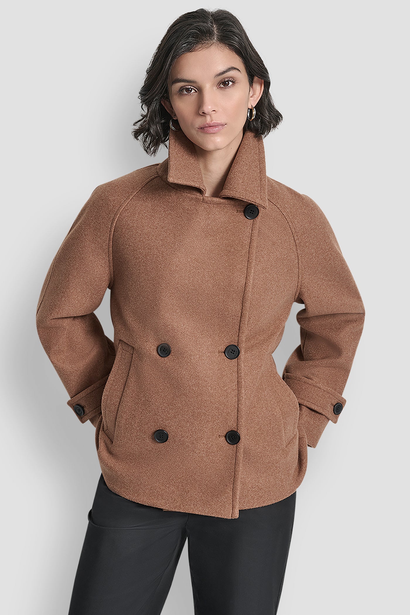 DARK CAMEL SHORT FAUX WOOL JACKET, FRONT VIEW | New clothing