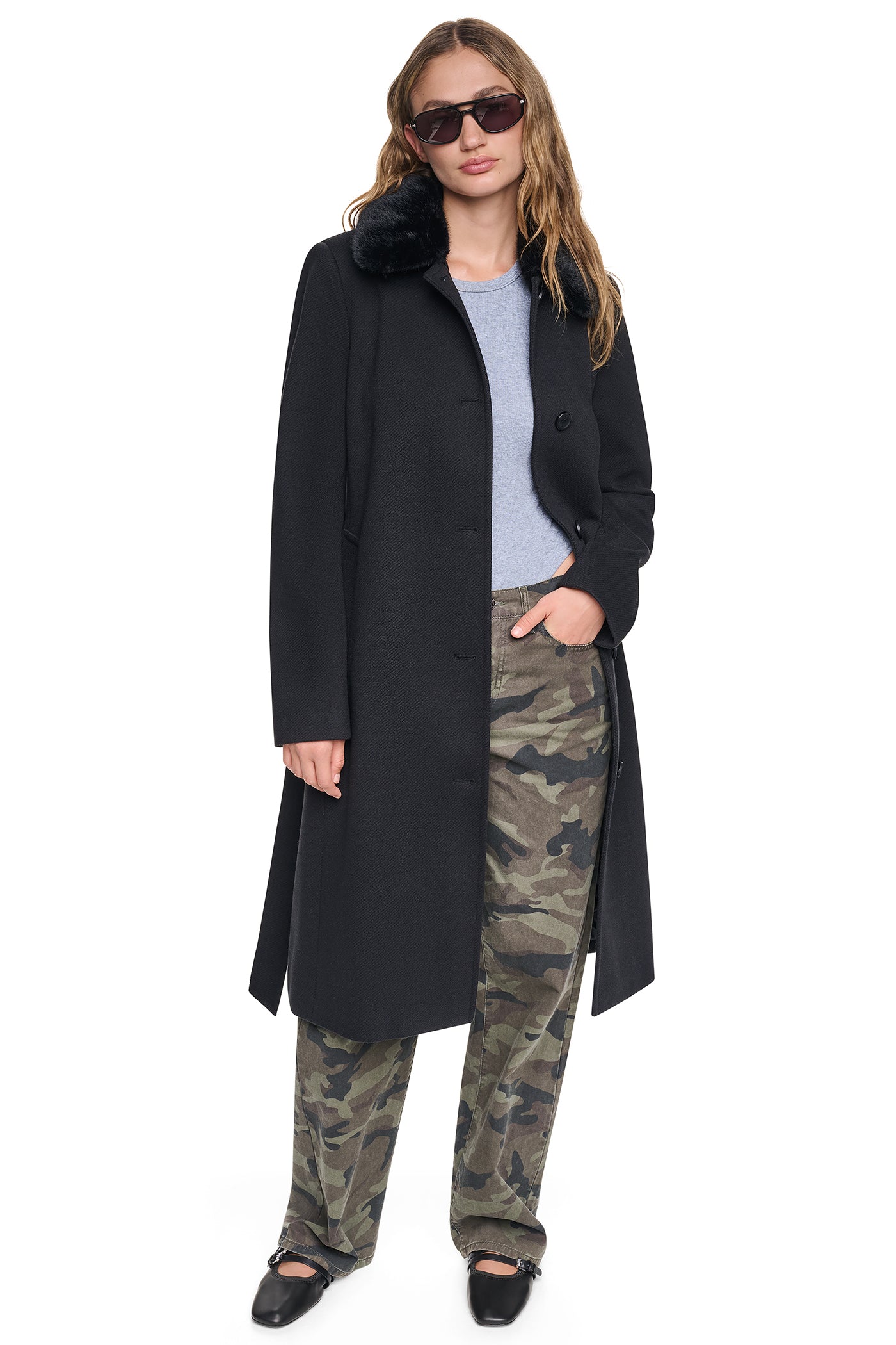 TWILL COAT WITH FUR COLLAR VIEW 1