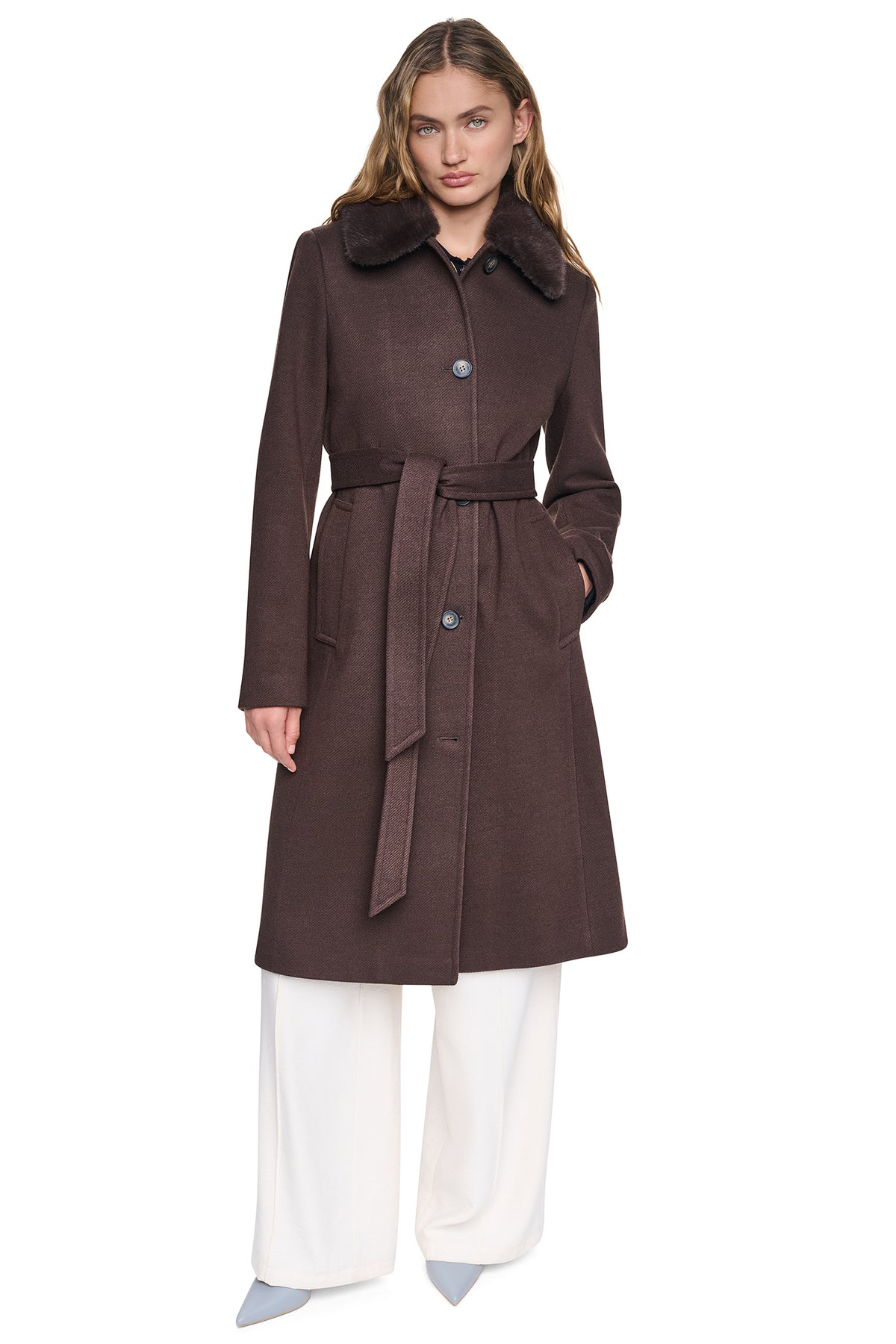 TWILL COAT WITH FUR COLLAR VIEW 1