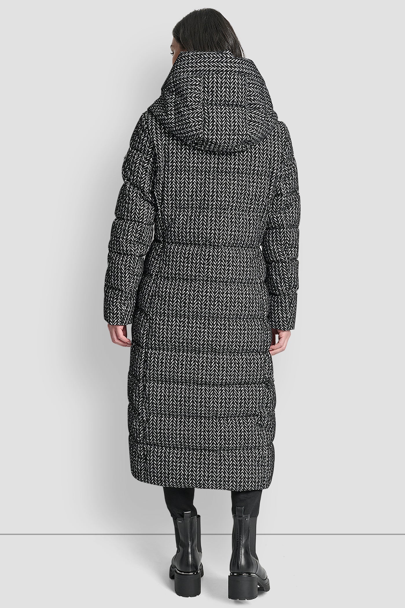 HERRINGBONE BIBBED SHAWL COLLAR HOODED PUFFER, BACK VIEW | WOMENS COATS & JACKETS