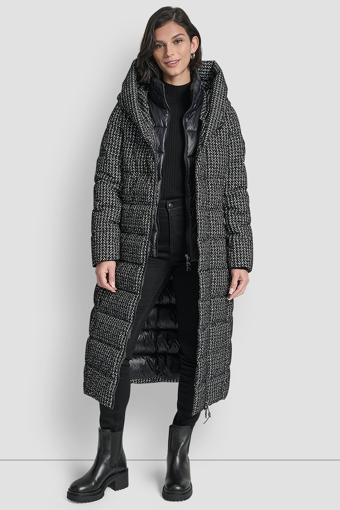 BIBBED SHAWL COLLAR HOODED PUFFER VIEW 4 | WOMENS COATS & JACKETS
