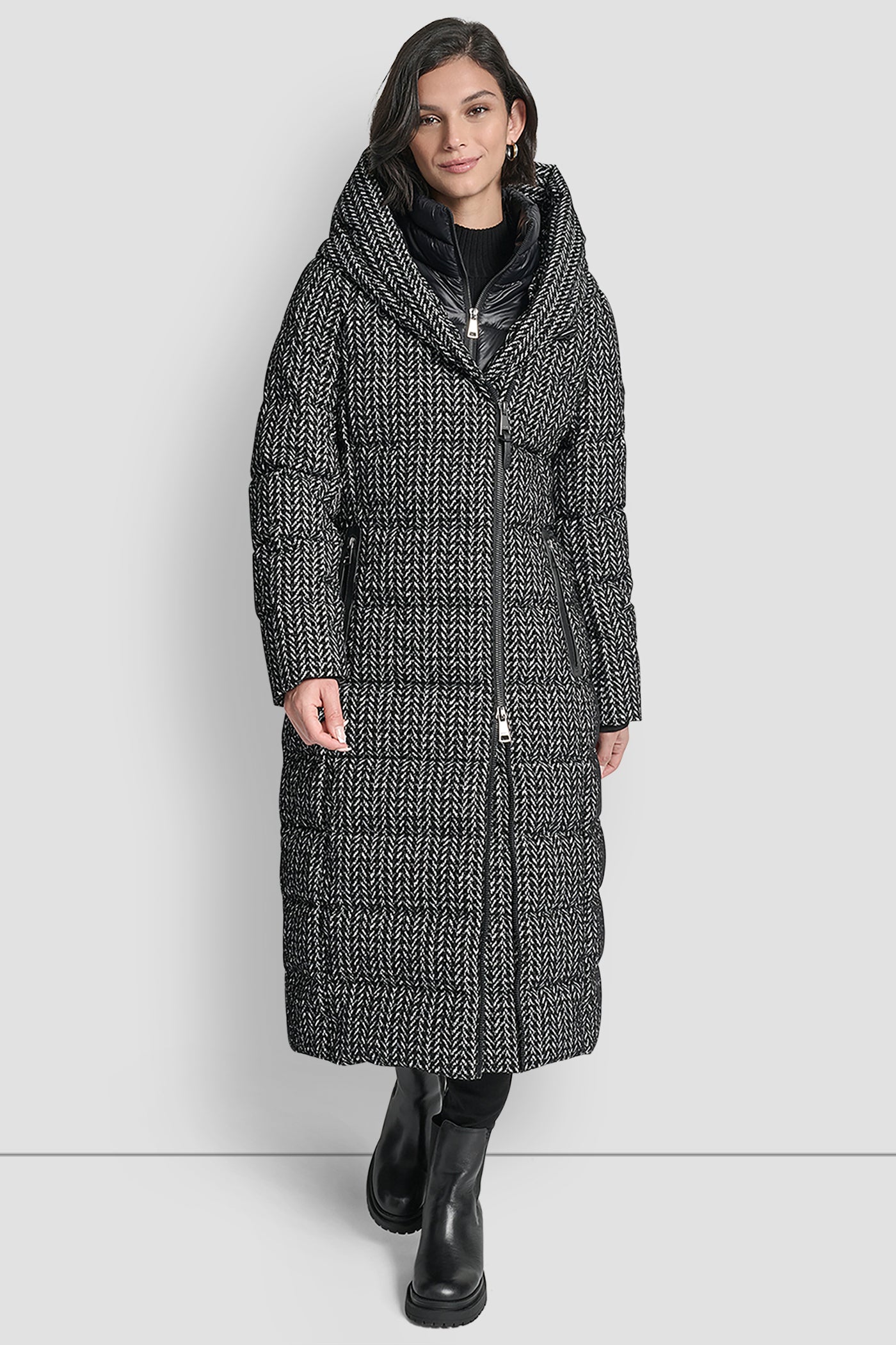 HERRINGBONE BIBBED SHAWL COLLAR HOODED PUFFER, FRONT VIEW | WOMENS COATS & JACKETS