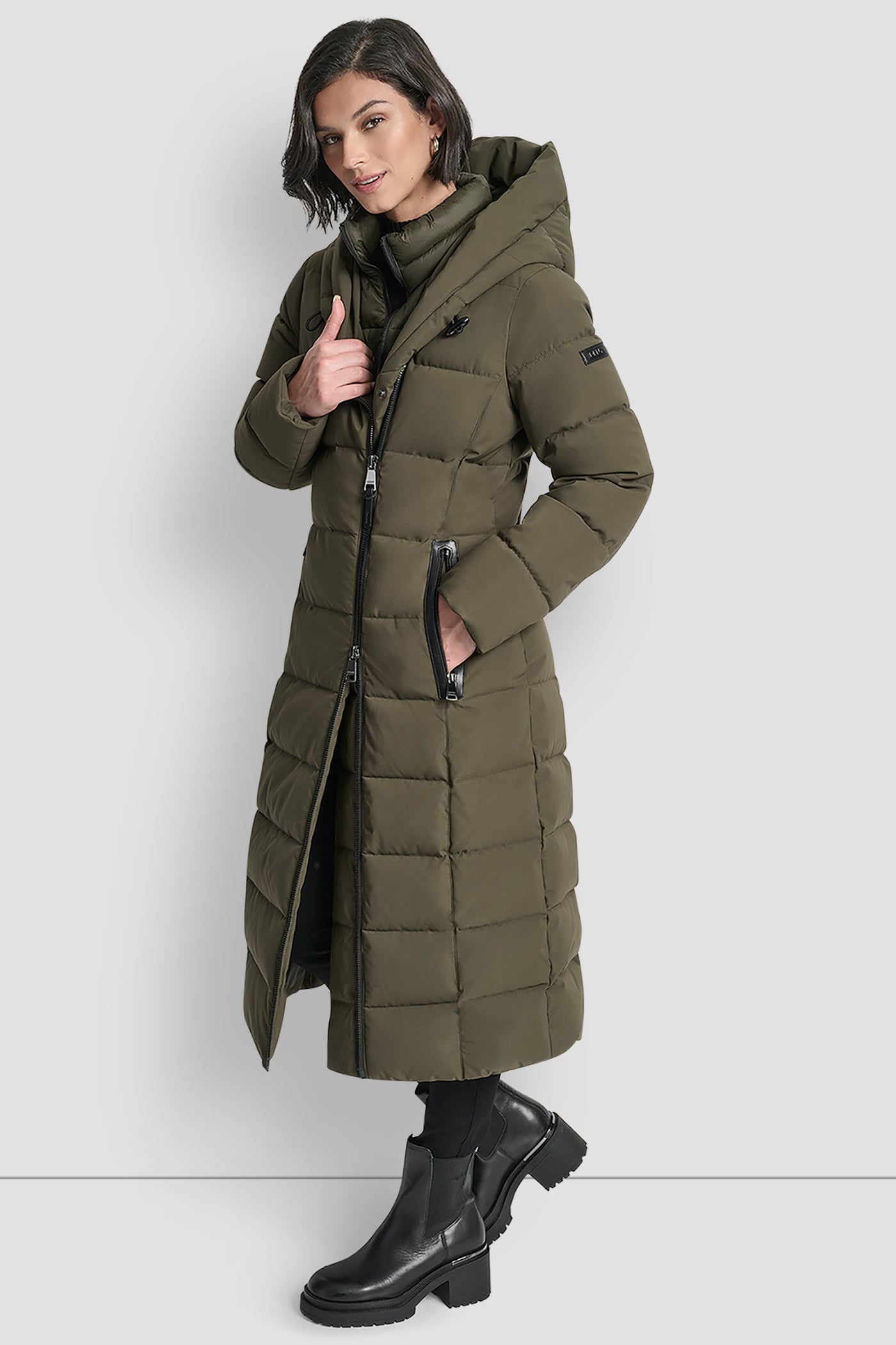 BIBBED SHAWL COLLAR HOODED PUFFER VIEW 3