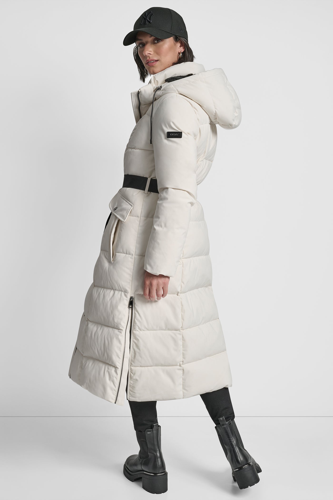 BOX QUILT LONG PUFFER WITH BELT VIEW 3