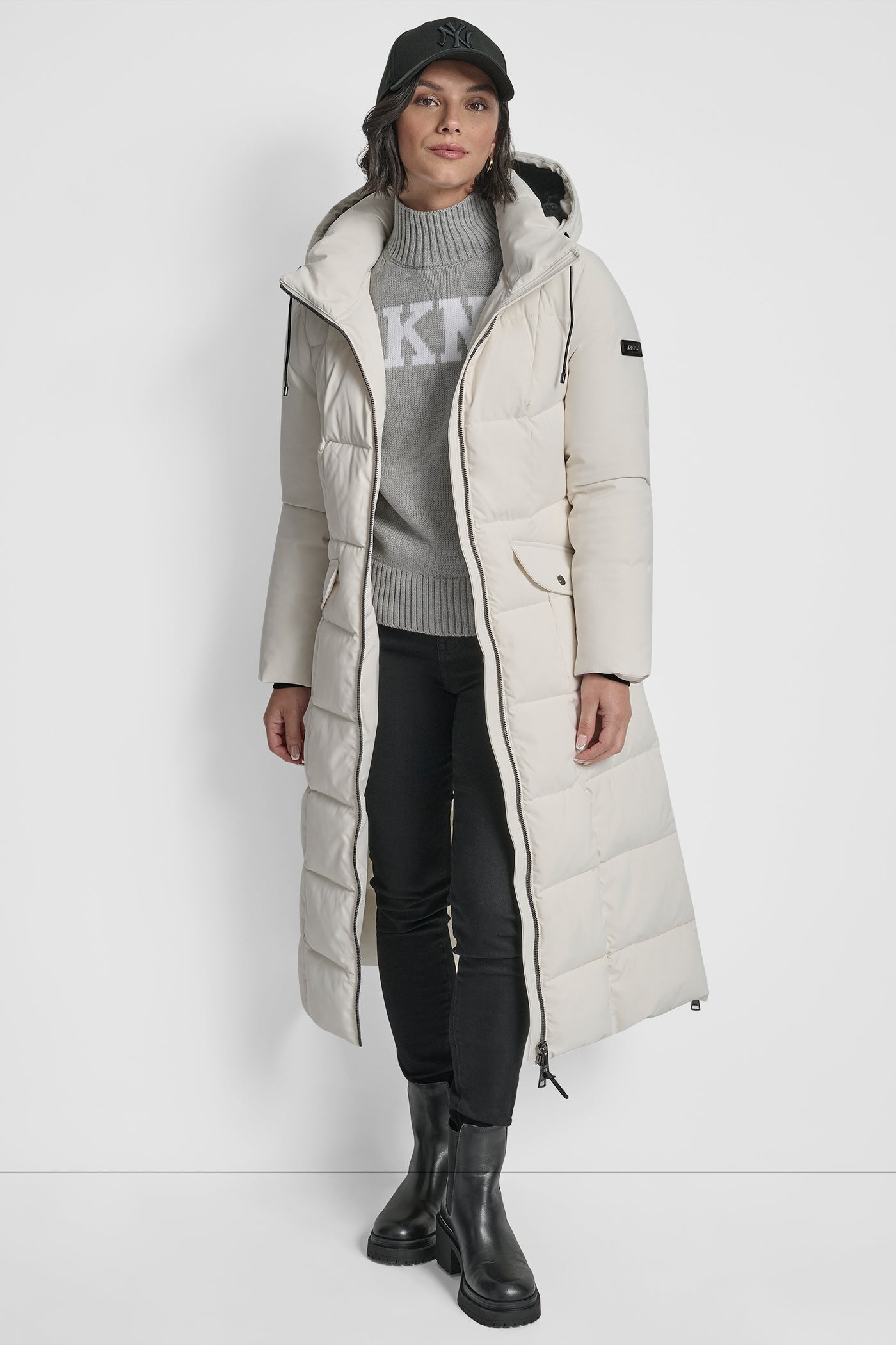 PEARL BOX QUILT LONG PUFFER WITH BELT, VIEW 2