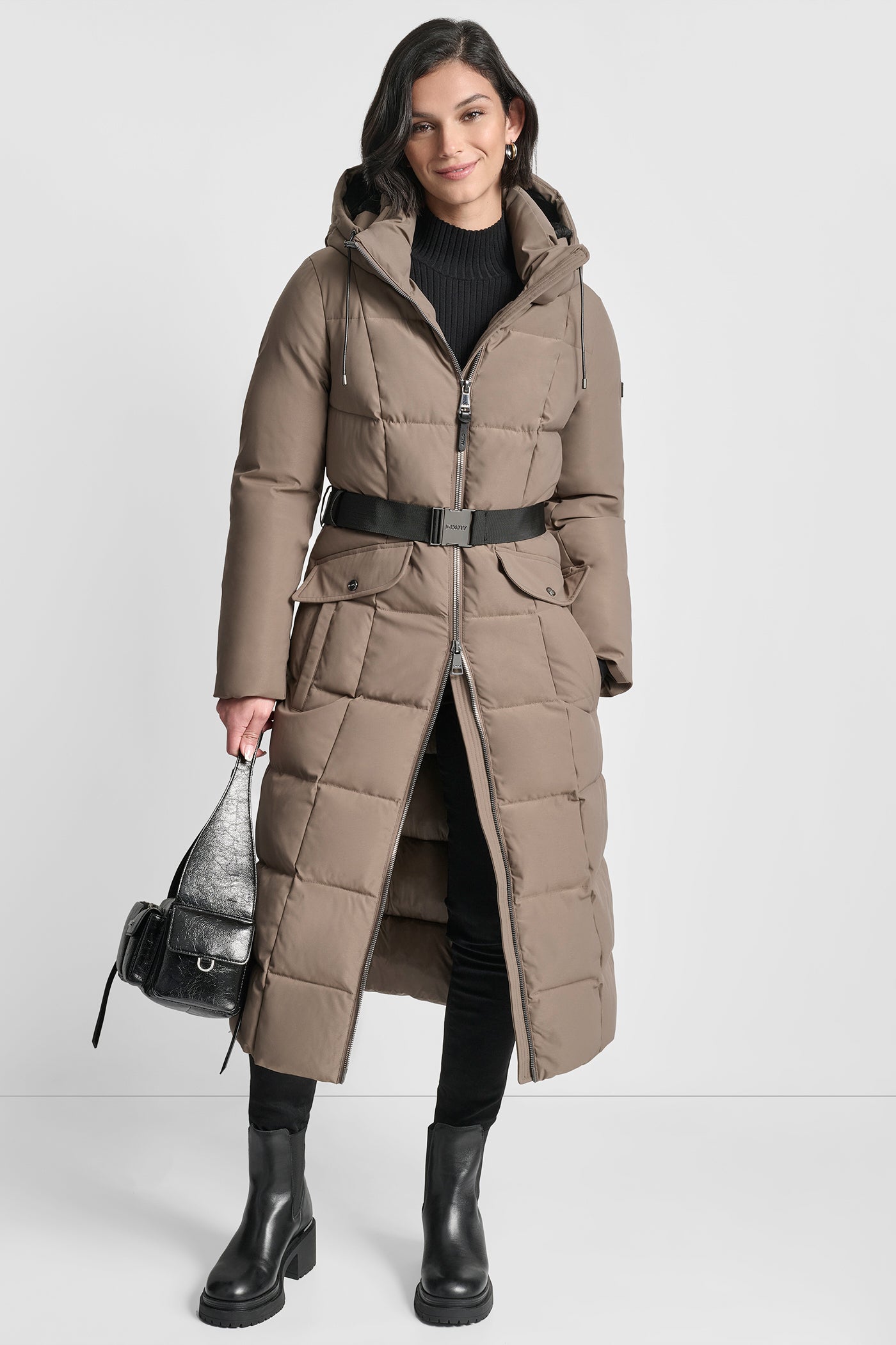 BOX QUILT LONG PUFFER WITH BELT VIEW 8