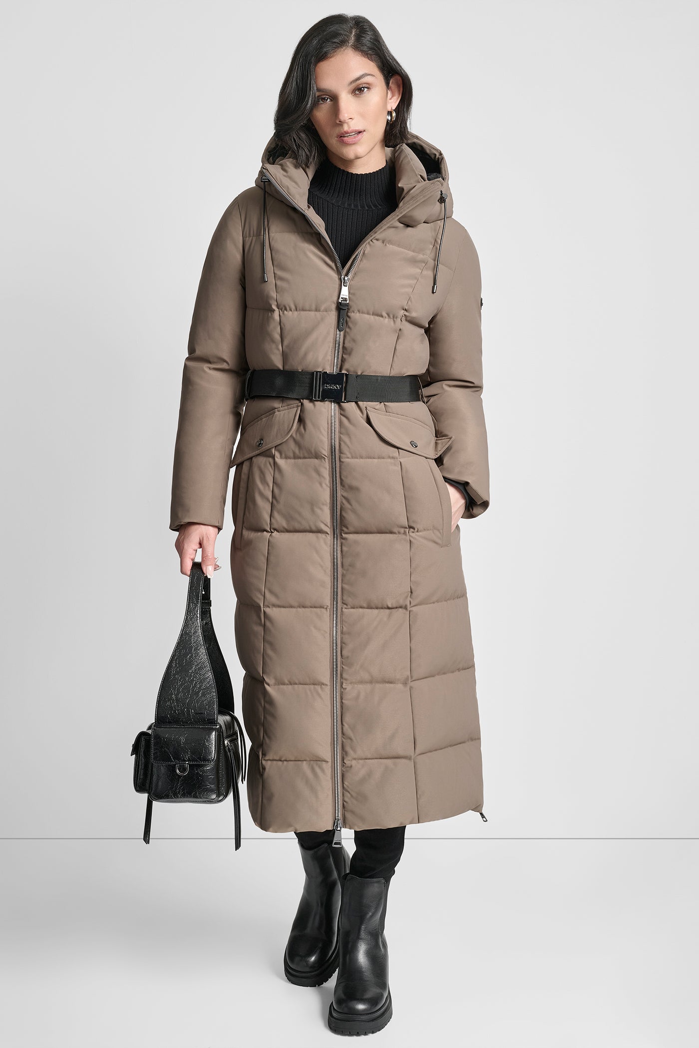 TAUPE BOX QUILT LONG PUFFER WITH BELT, VIEW 1