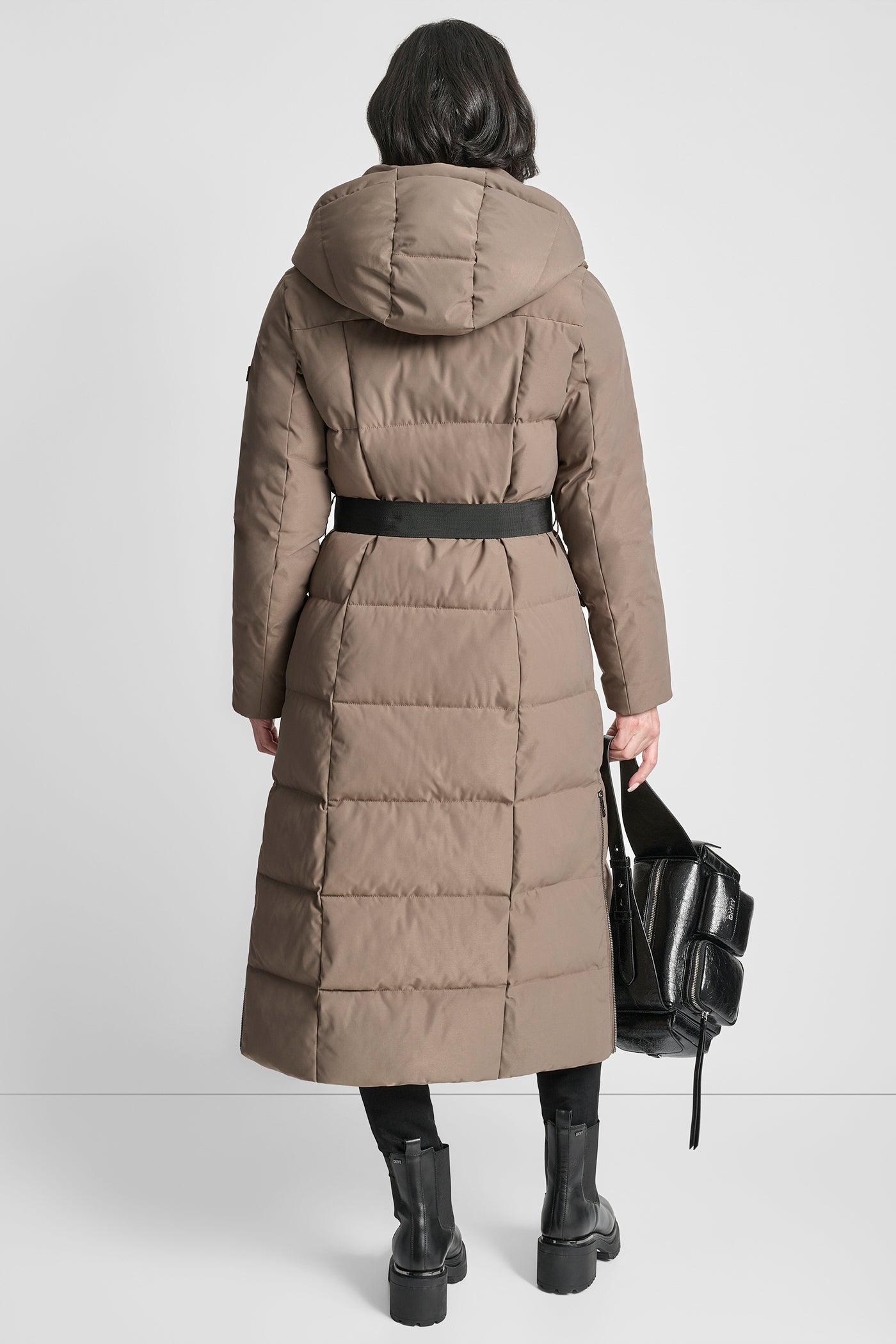 TAUPE BOX QUILT LONG PUFFER WITH BELT, VIEW 2