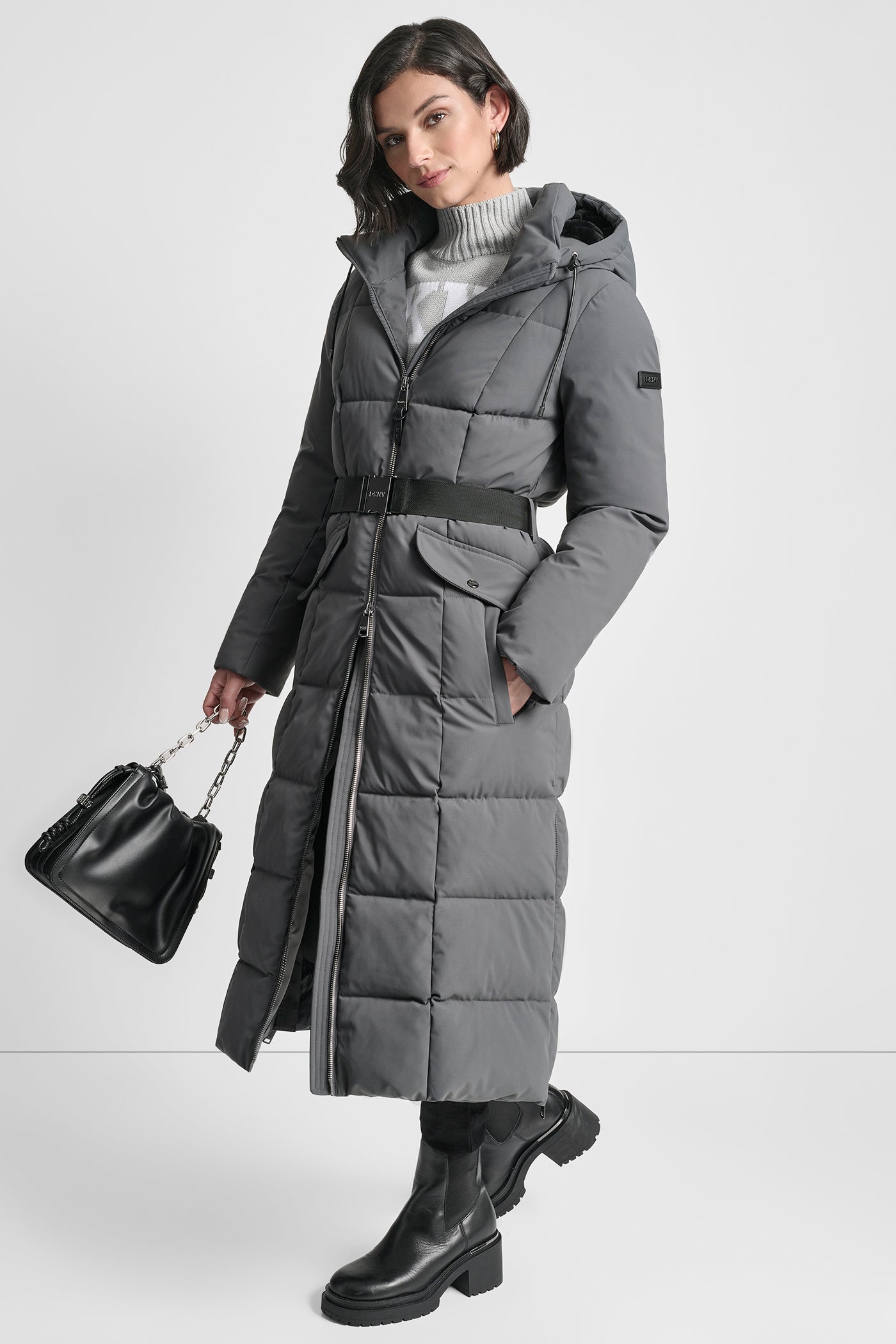 BOX QUILT LONG PUFFER WITH BELT VIEW 10