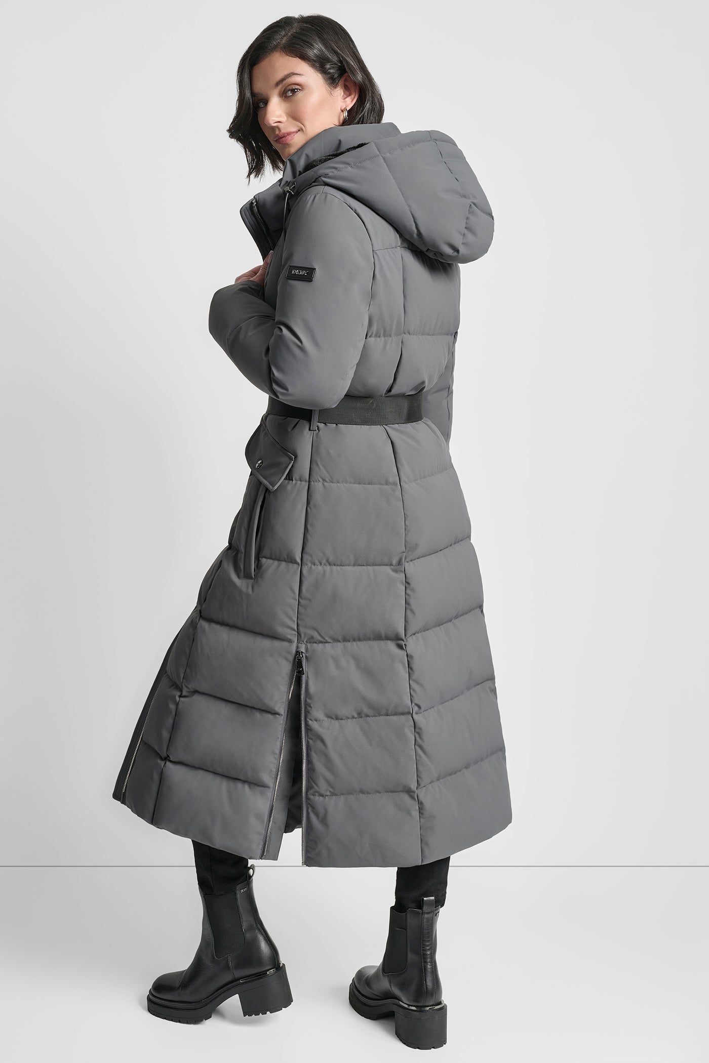BOX QUILT LONG PUFFER WITH BELT VIEW 3