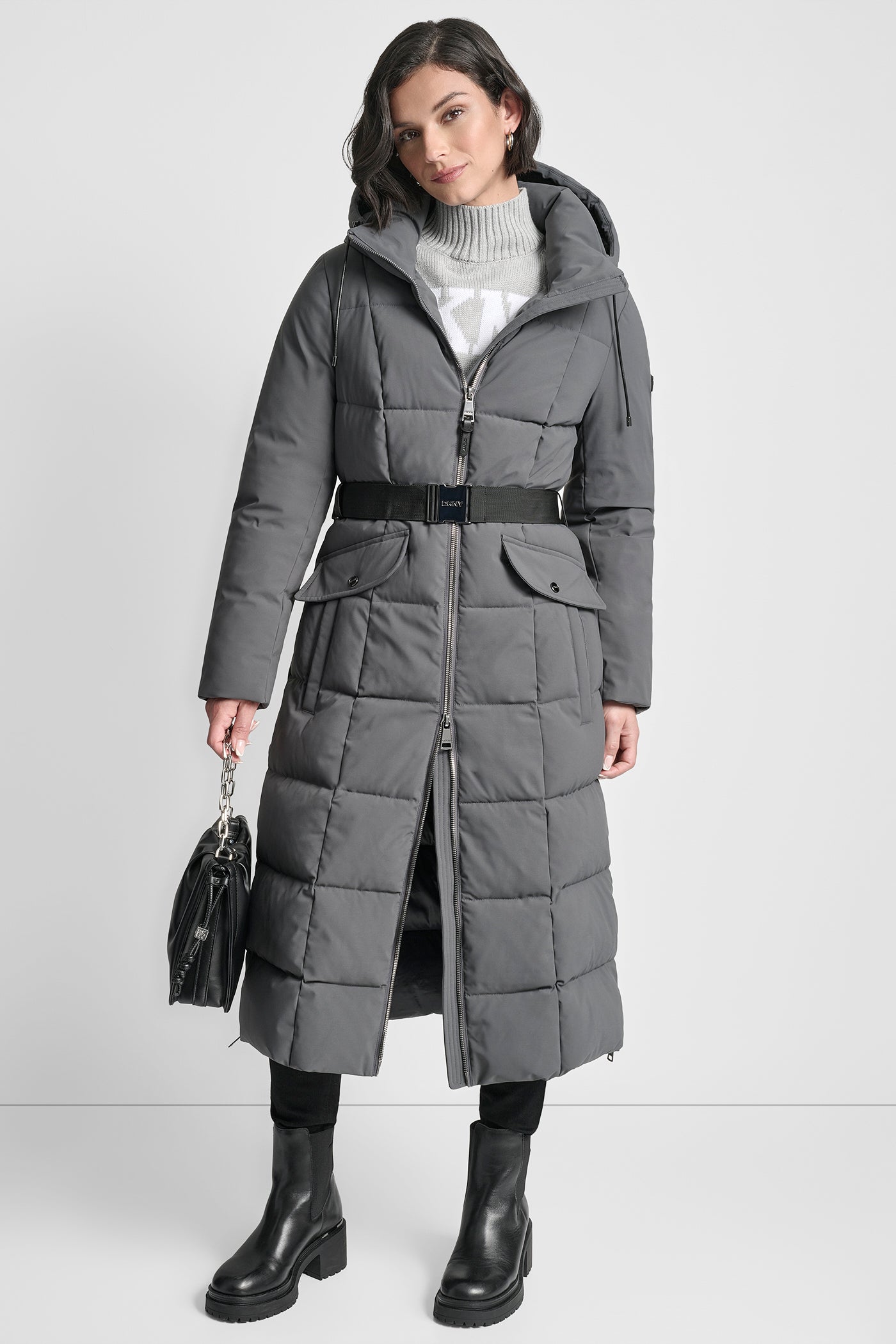 TITAN BOX QUILT LONG PUFFER WITH BELT, FRONT VIEW | Bags