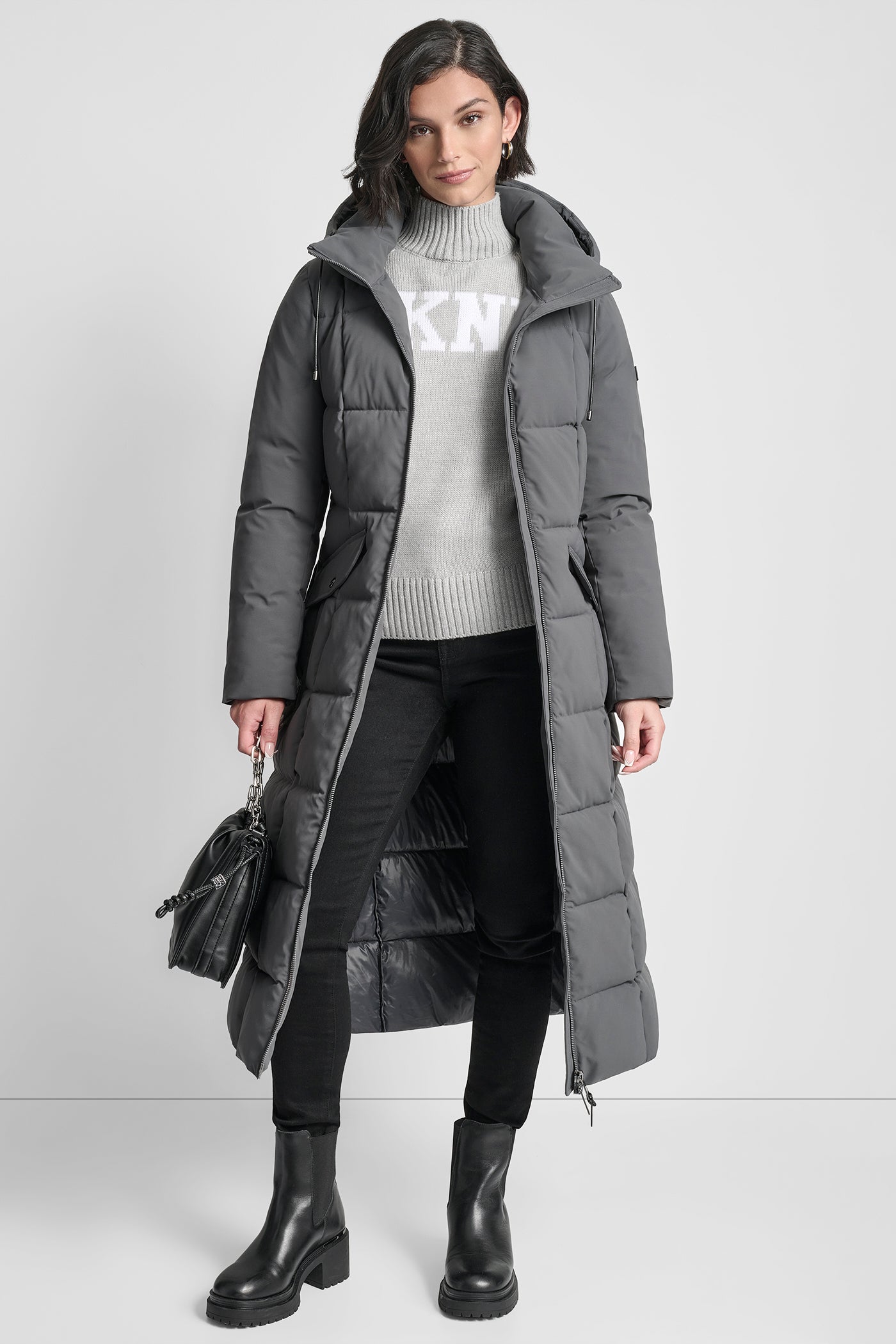 BOX QUILT LONG PUFFER WITH BELT VIEW 9