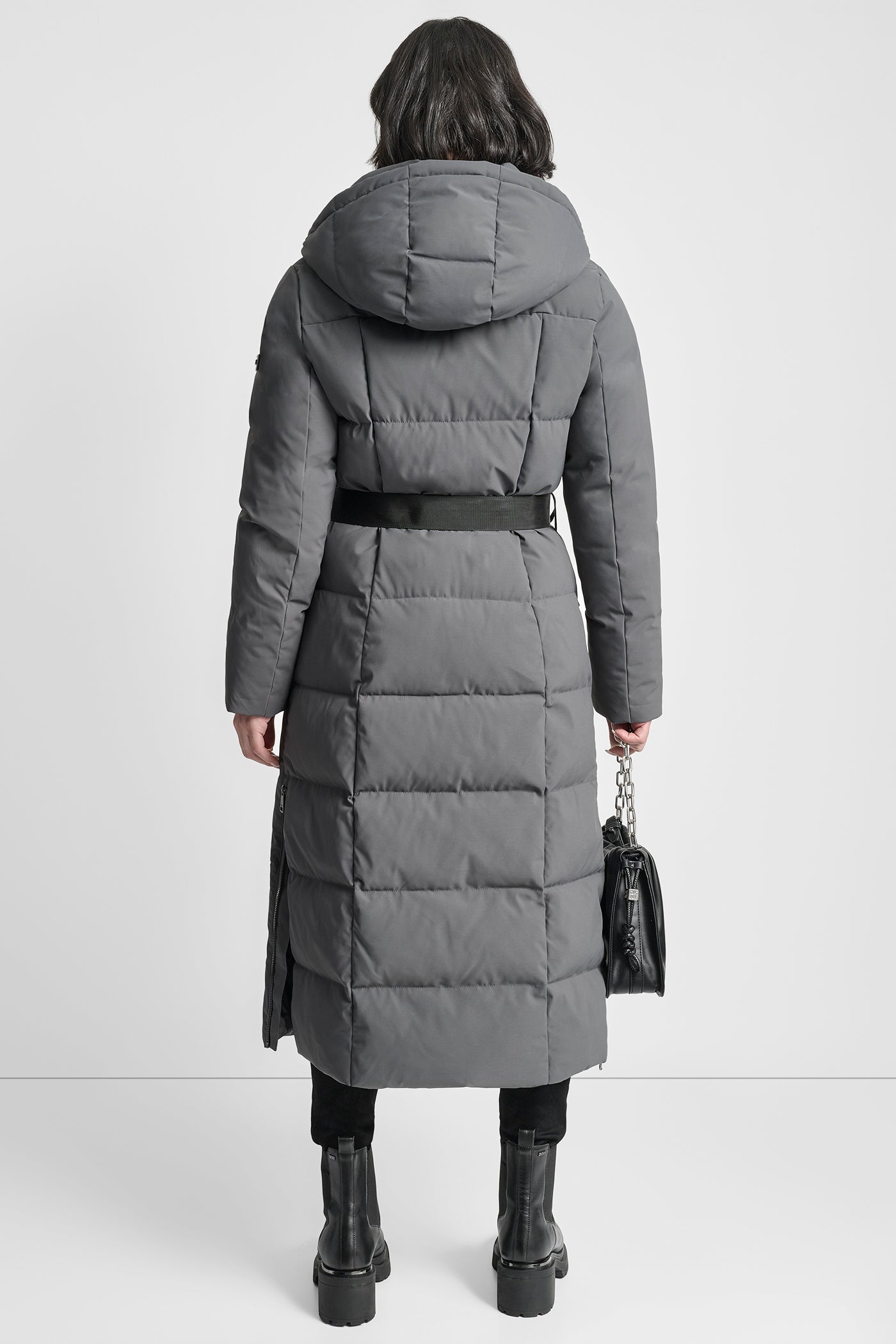 TITAN BOX QUILT LONG PUFFER WITH BELT, BACK VIEW | Bags