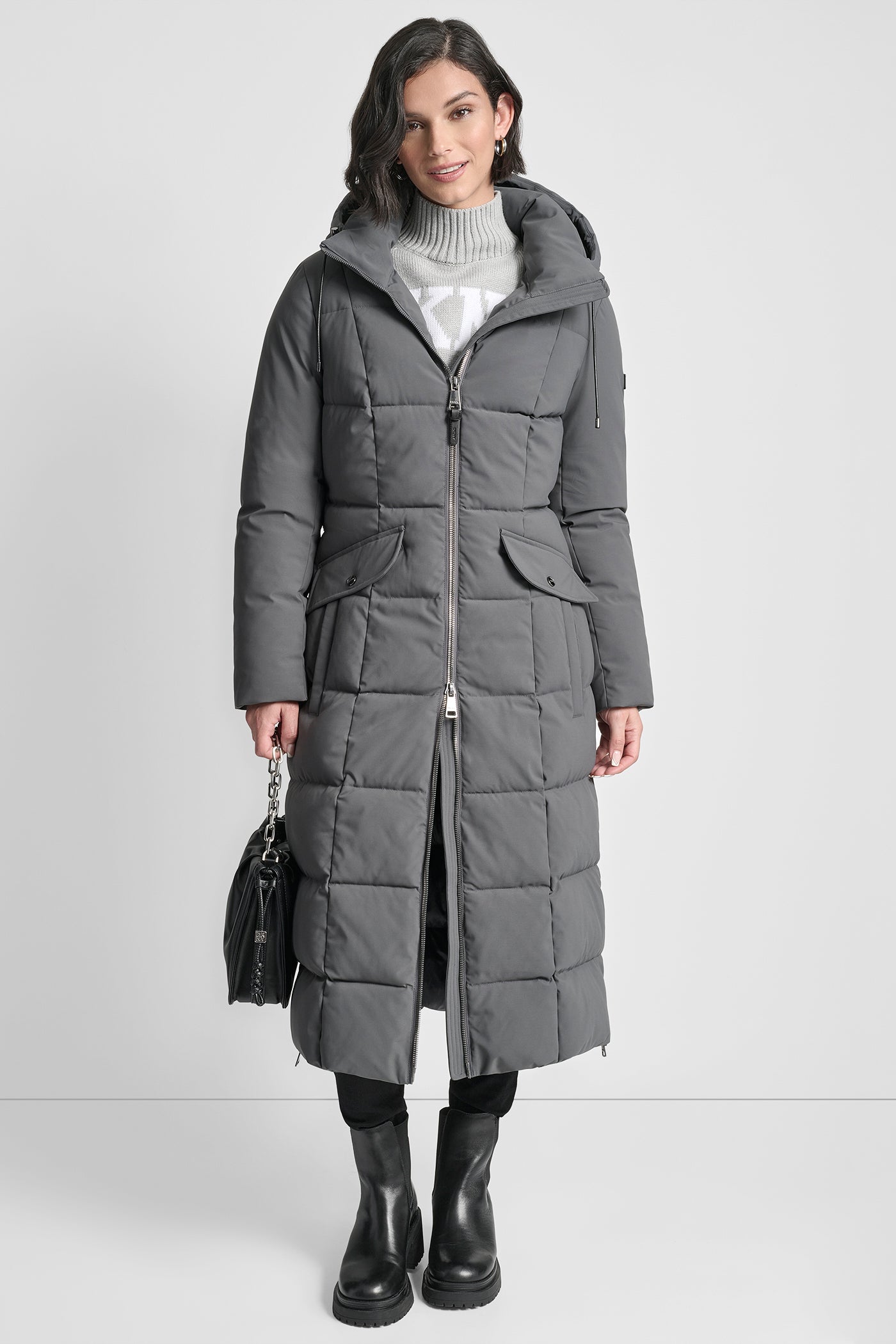 BOX QUILT LONG PUFFER WITH BELT VIEW 8