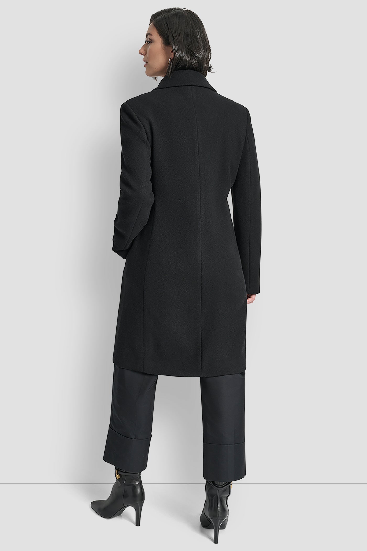 Black DOUBLE BREASTED FAUX WOOL COAT, BACK VIEW | DKNY Promo