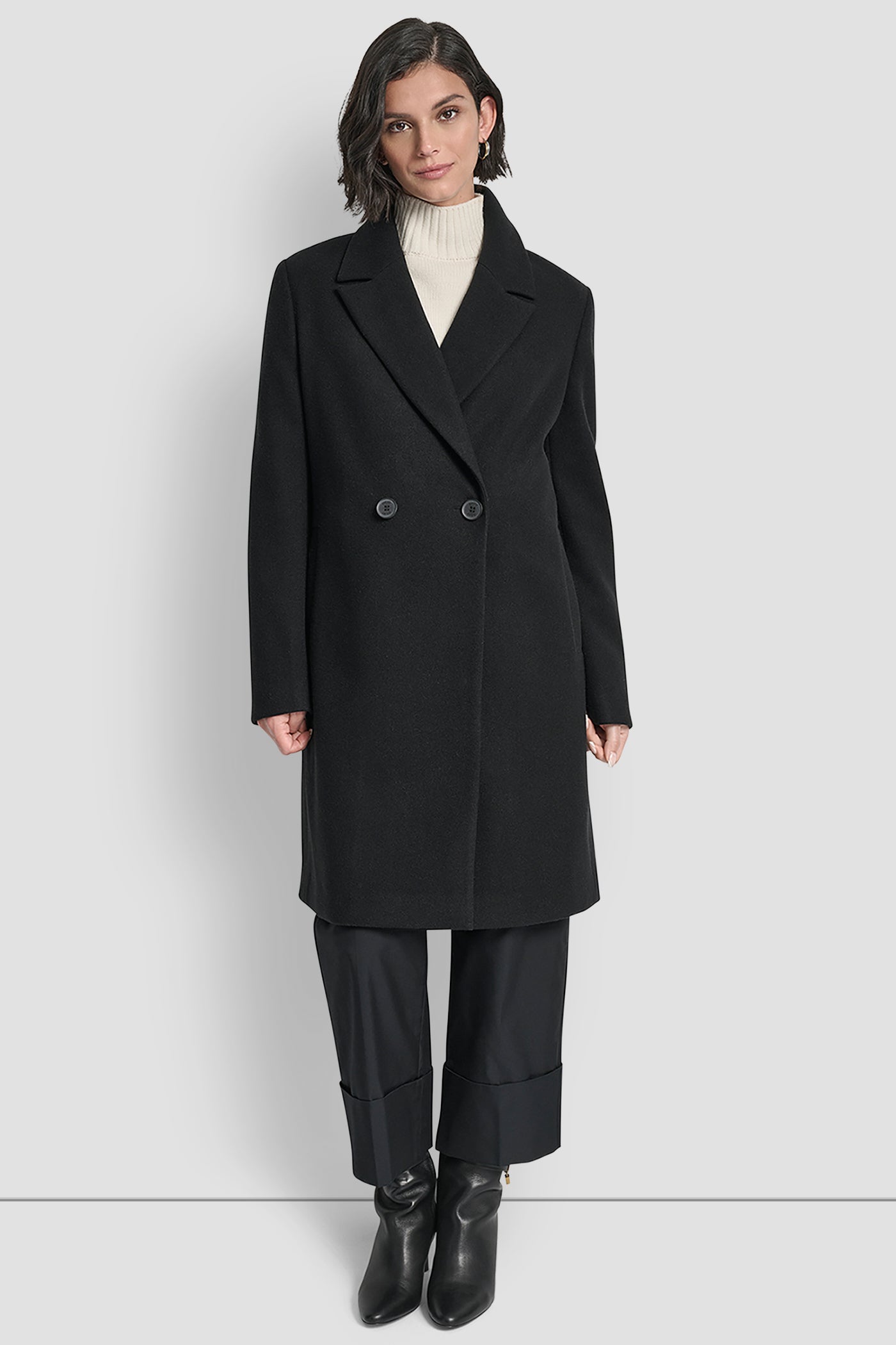 Black DOUBLE BREASTED FAUX WOOL COAT, FRONT VIEW | DKNY Promo
