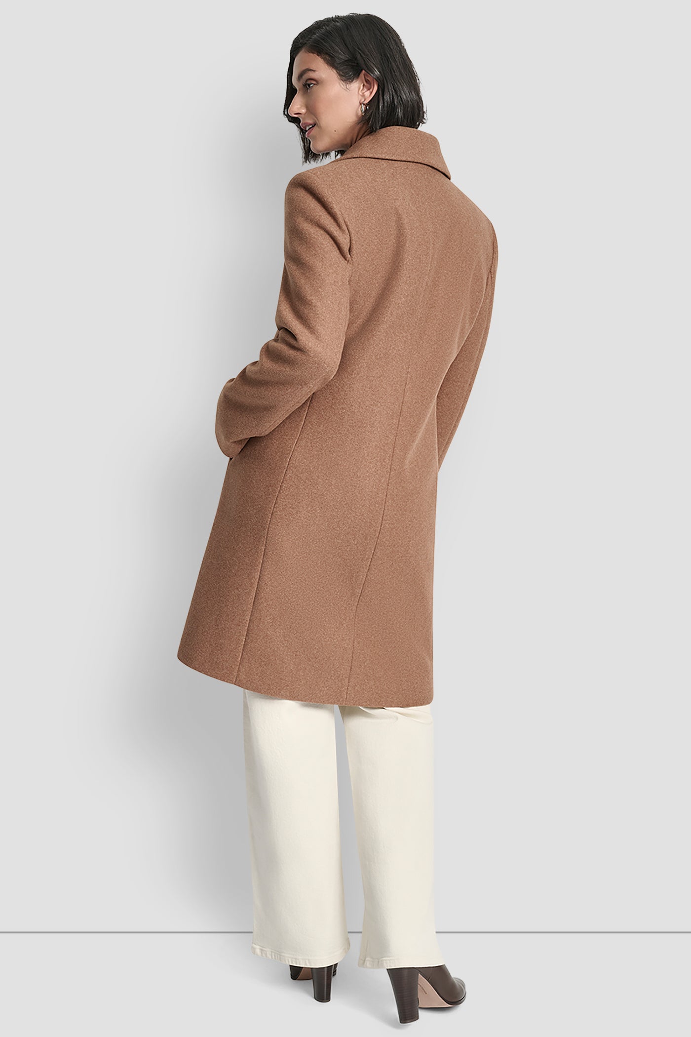 DARK CAMEL DOUBLE BREASTED FAUX WOOL COAT, BACK VIEW | DKNY Promo