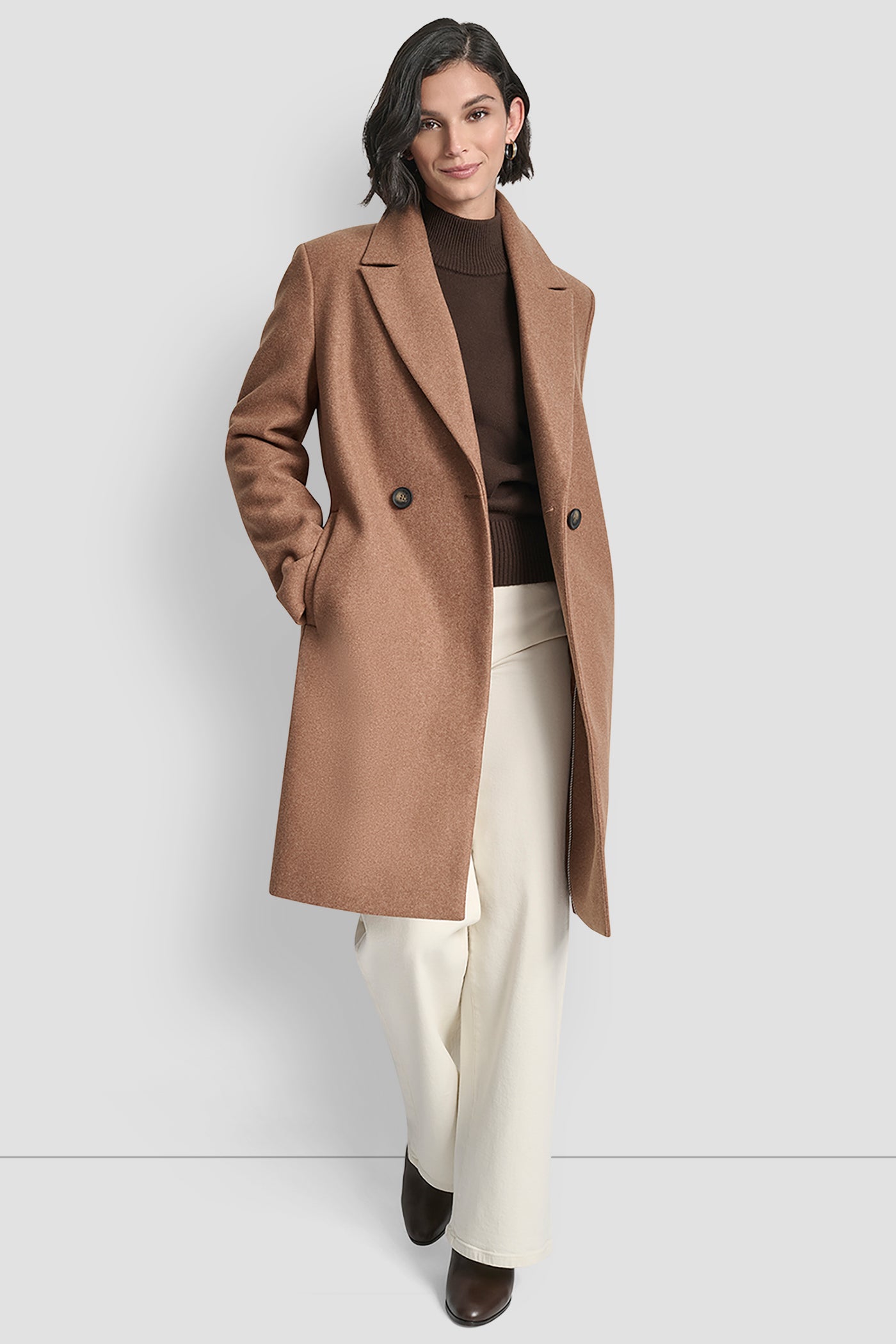 DARK CAMEL DOUBLE BREASTED FAUX WOOL COAT, FRONT VIEW | DKNY Promo