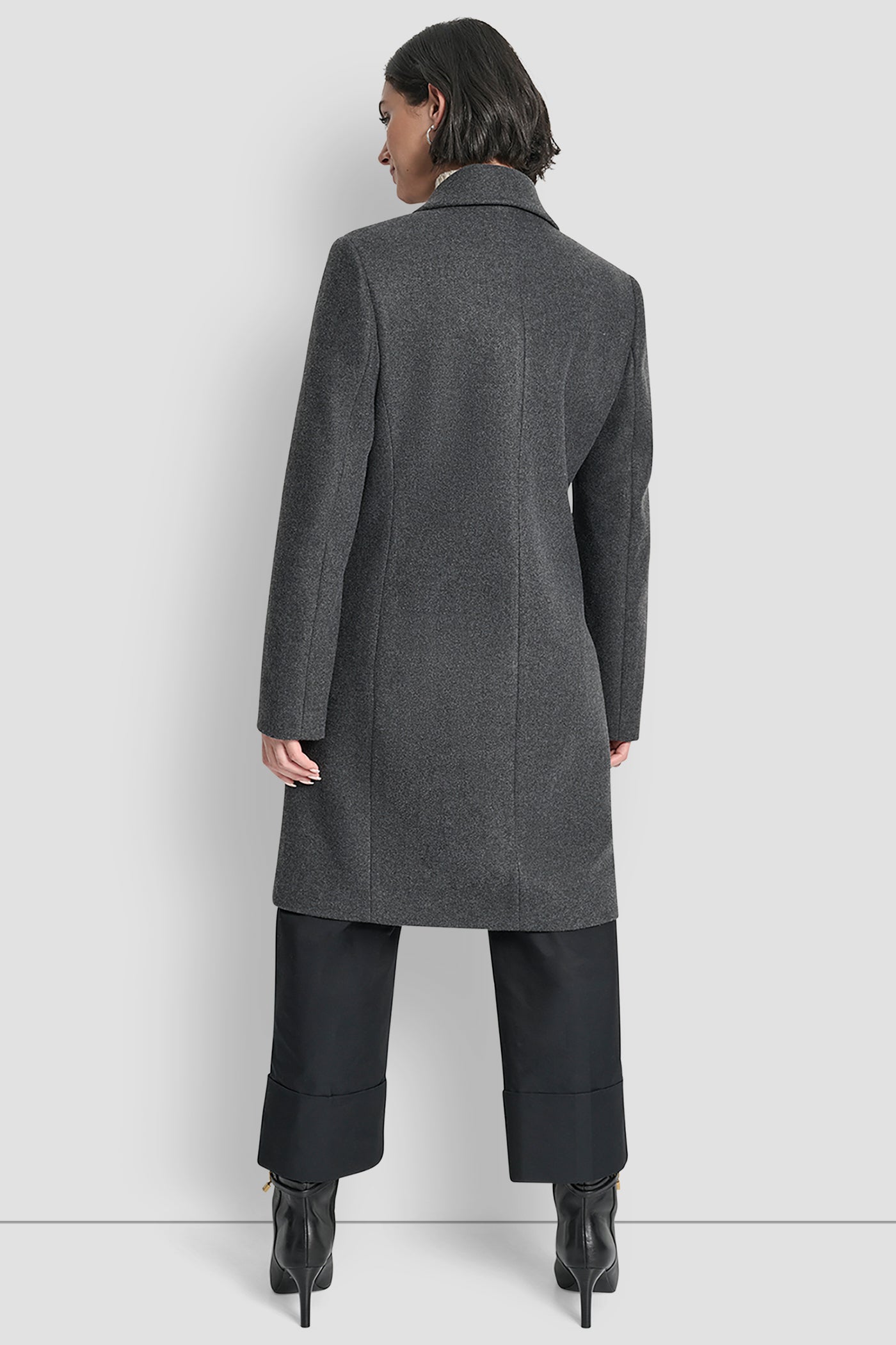 GREY MELANGE DOUBLE BREASTED FAUX WOOL COAT, BACK VIEW | DKNY Promo