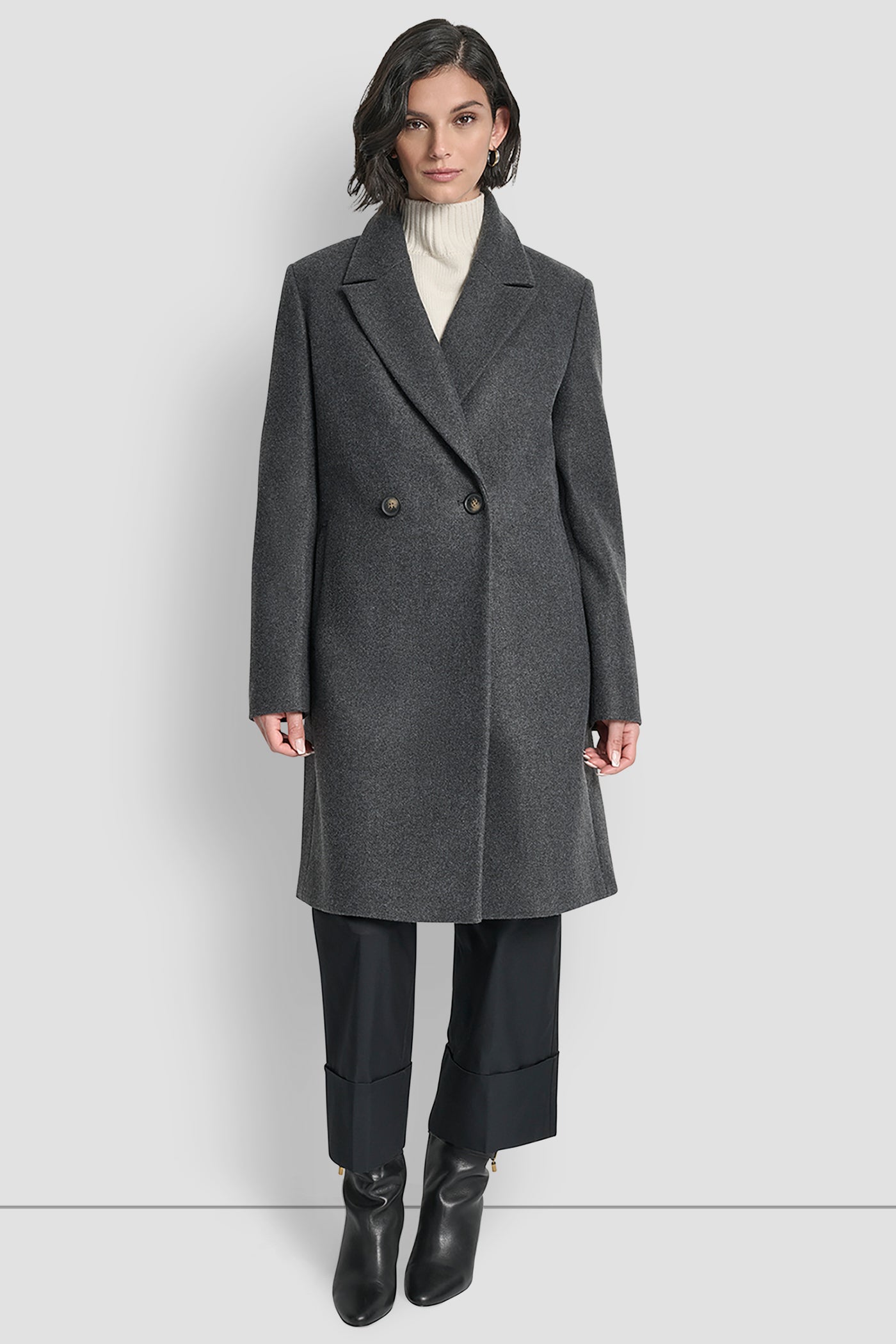 GREY MELANGE DOUBLE BREASTED FAUX WOOL COAT, FRONT VIEW | DKNY Promo