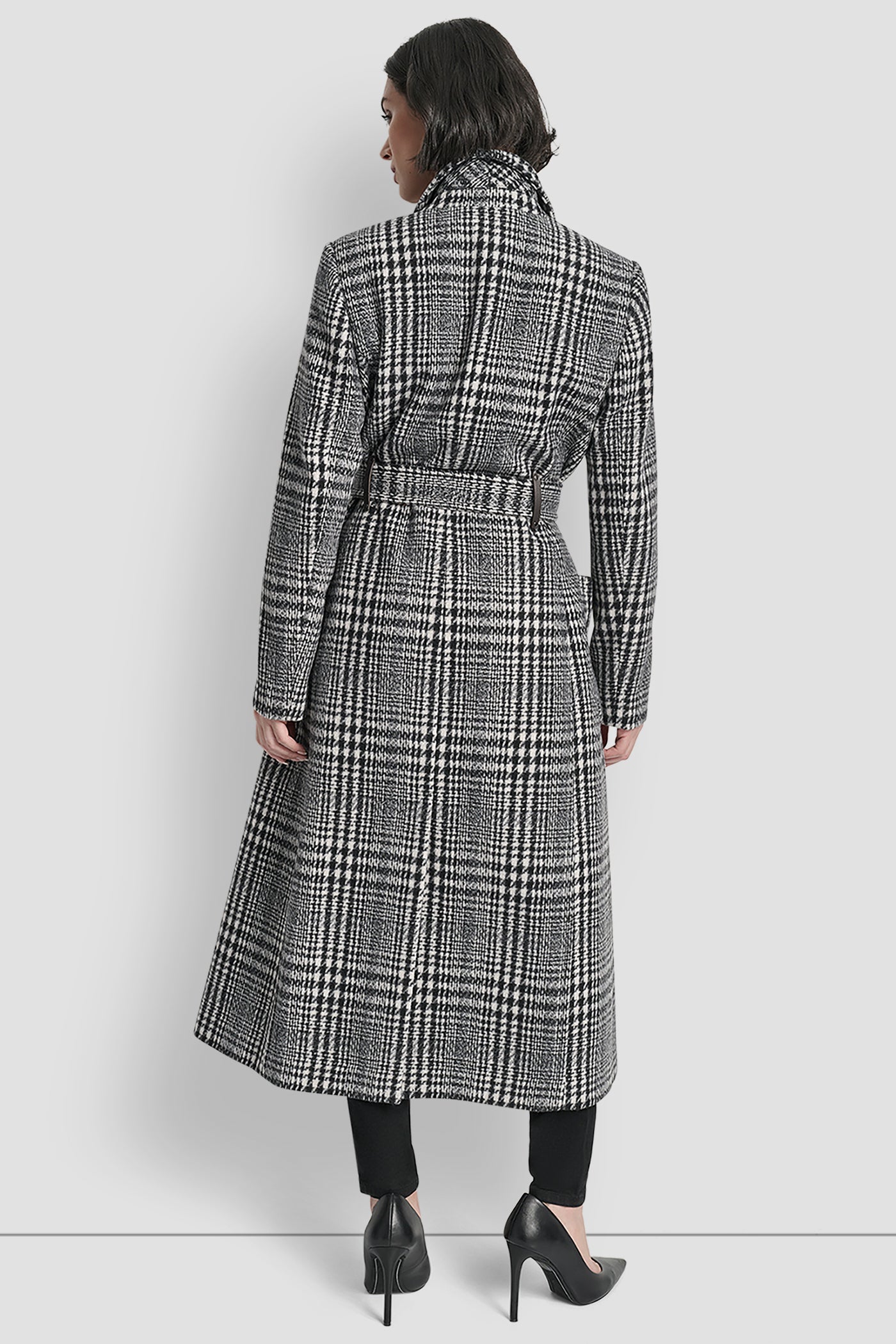BITTER WINDOWPANE LONG WOOL TAILORED TIE WAIST COAT, BACK VIEW | DKNY Promo