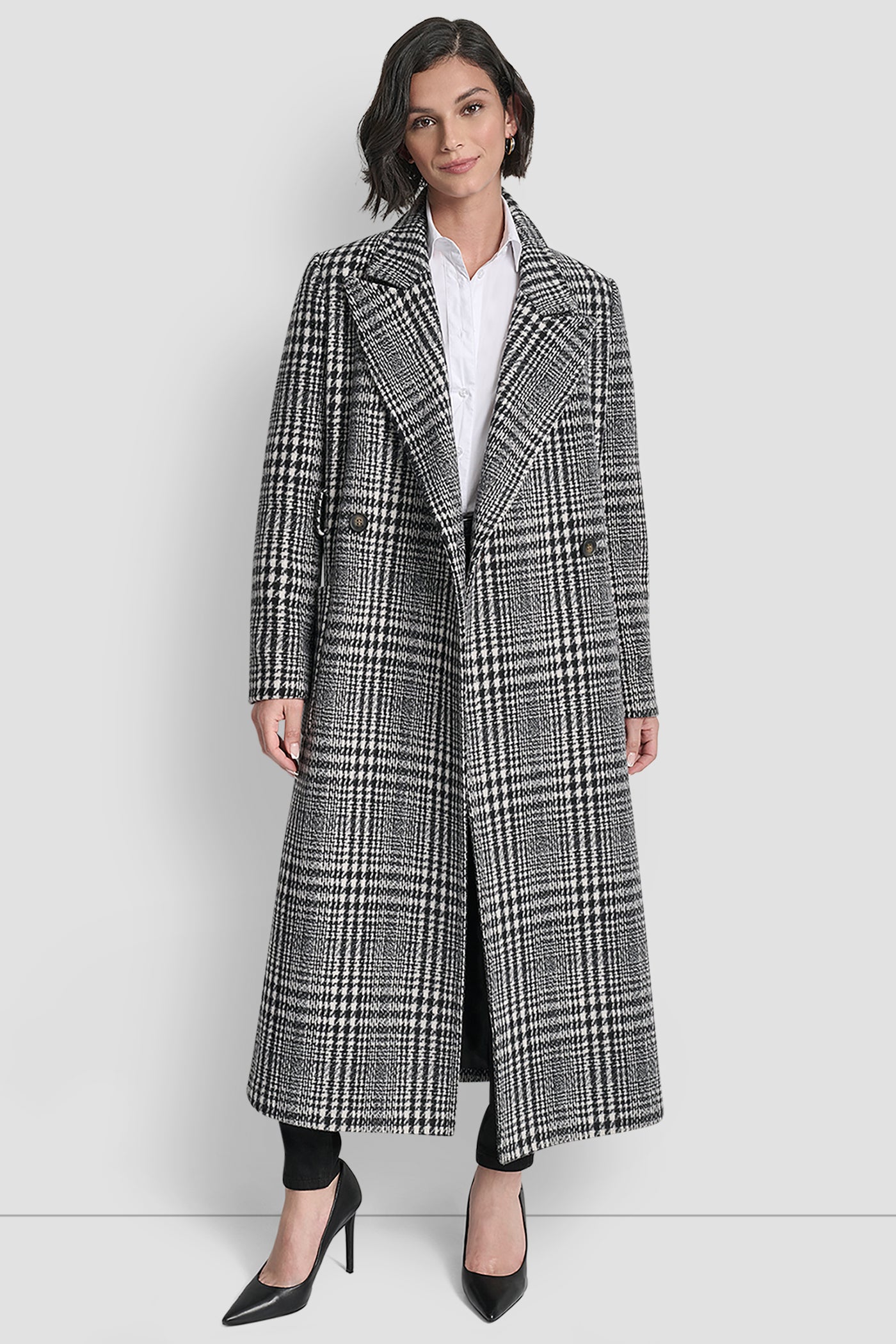 BITTER WINDOWPANE LONG WOOL TAILORED TIE WAIST COAT, FRONT VIEW | DKNY Promo