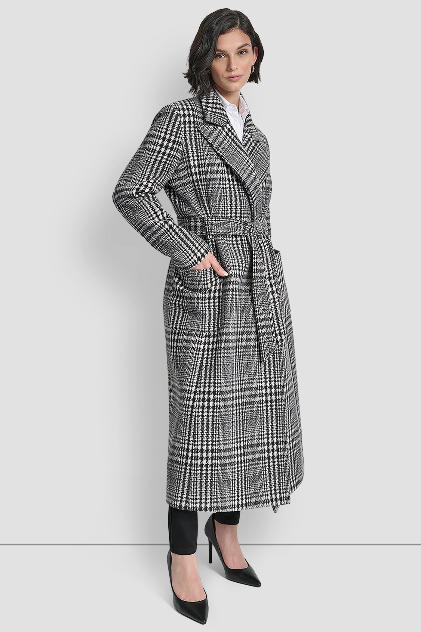 LONG WOOL TAILORED TIE WAIST COAT VIEW 3 | DKNY Promo