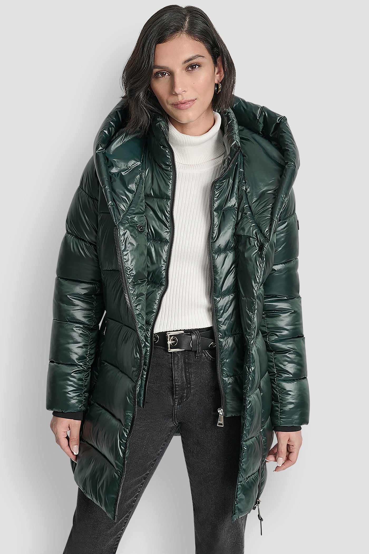 MALACHITE PEARLIZED PUFFER WITH HOOD, FRONT VIEW | New clothing