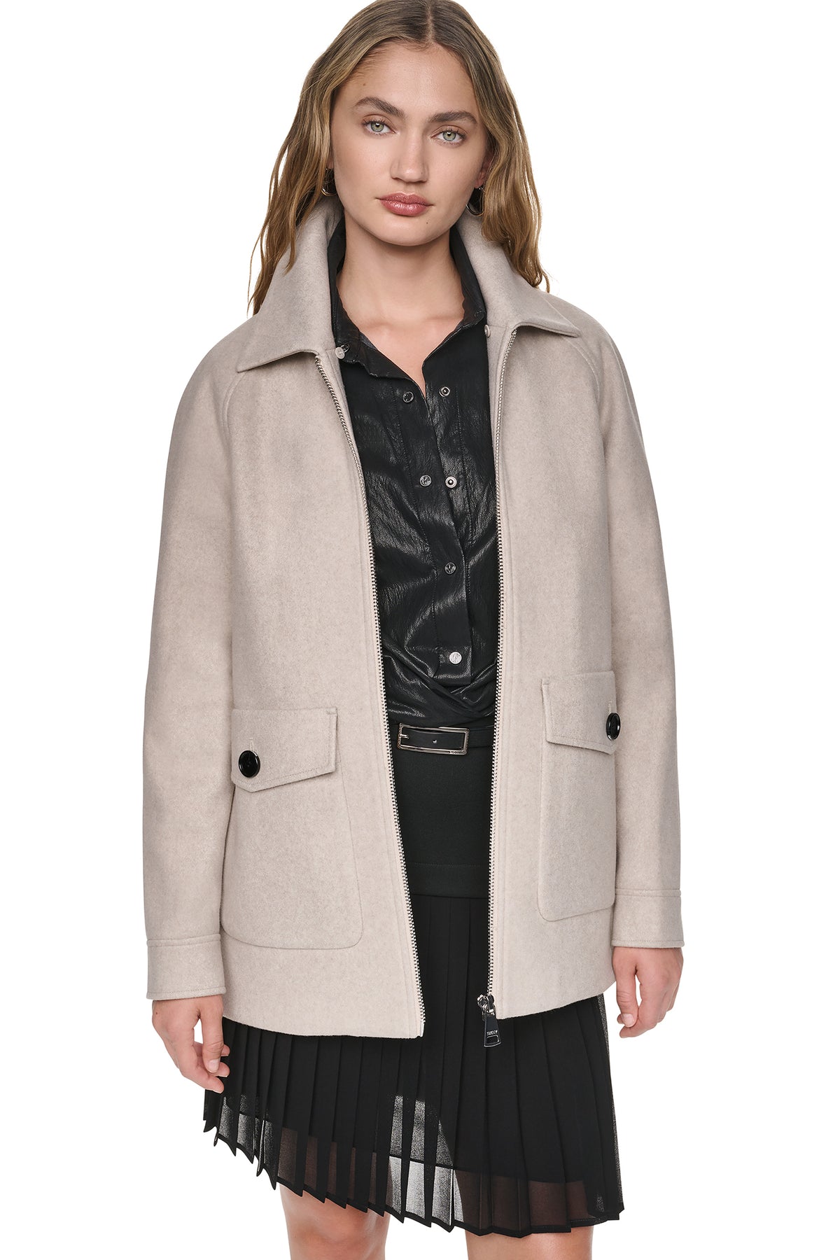 FRONT-ZIP FAUX FUR COLLAR COAT VIEW 2