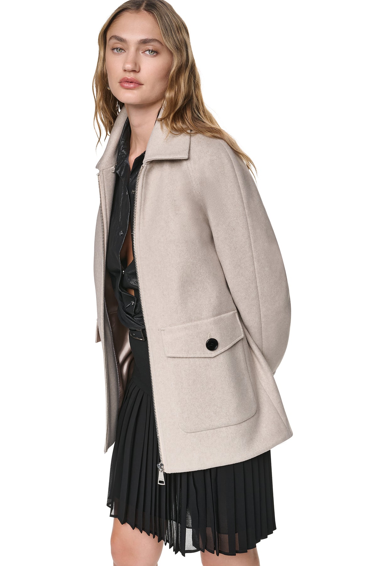 FRONT-ZIP FAUX FUR COLLAR COAT VIEW 2