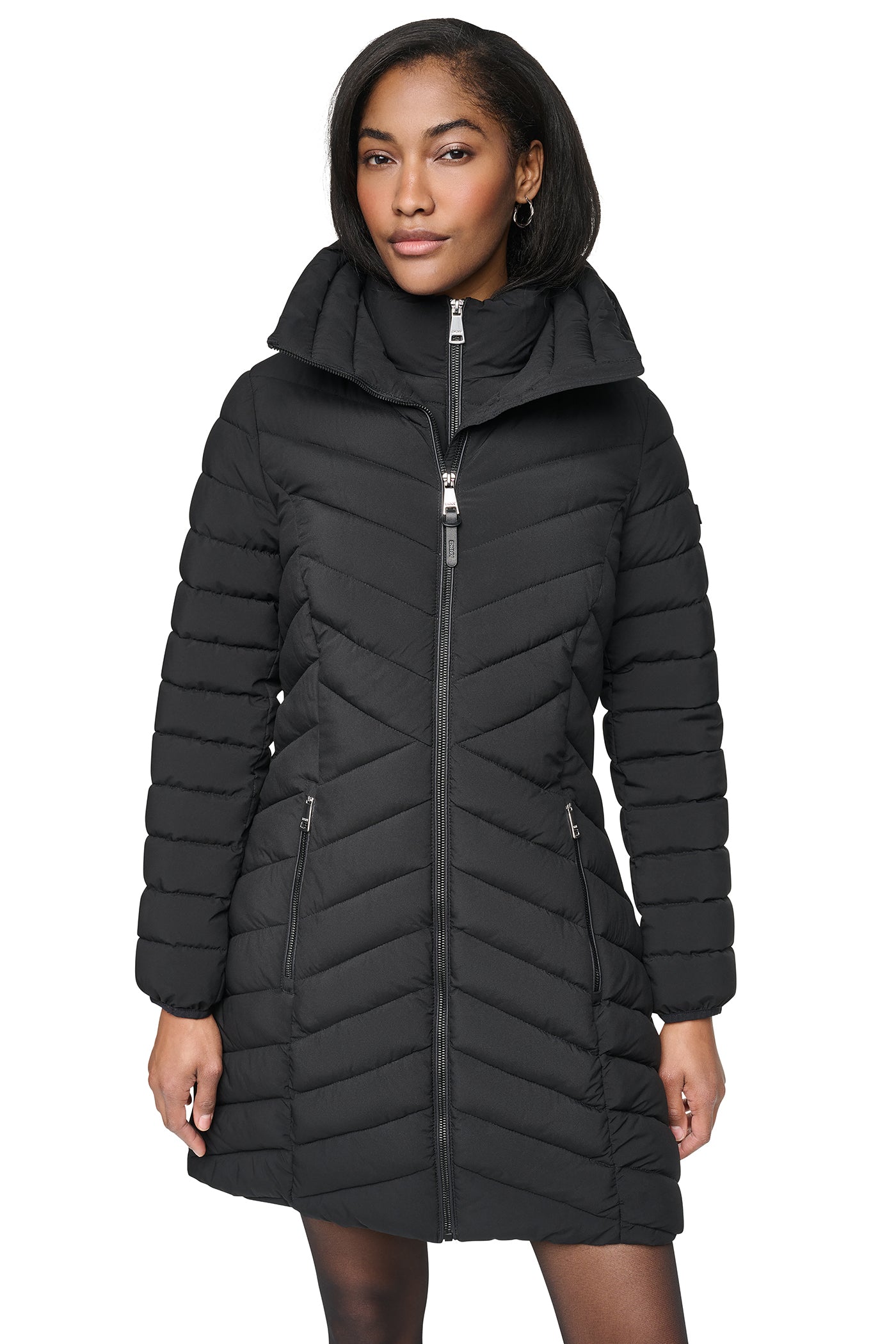 Black HOODED STAND COLLAR PUFFER, VIEW 2 | Extra 30% Off