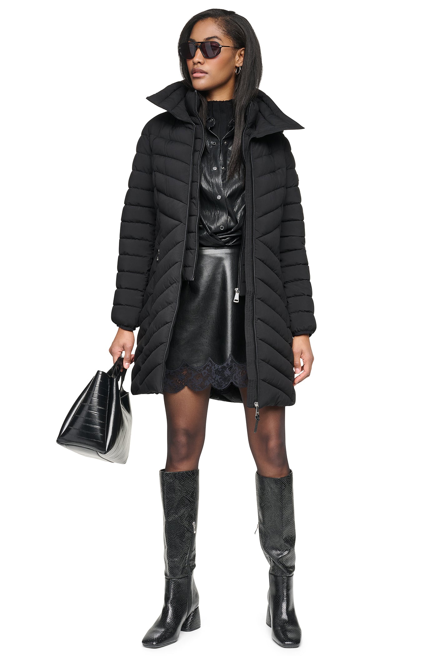 Black HOODED STAND COLLAR PUFFER, VIEW 1 | Extra 30% Off
