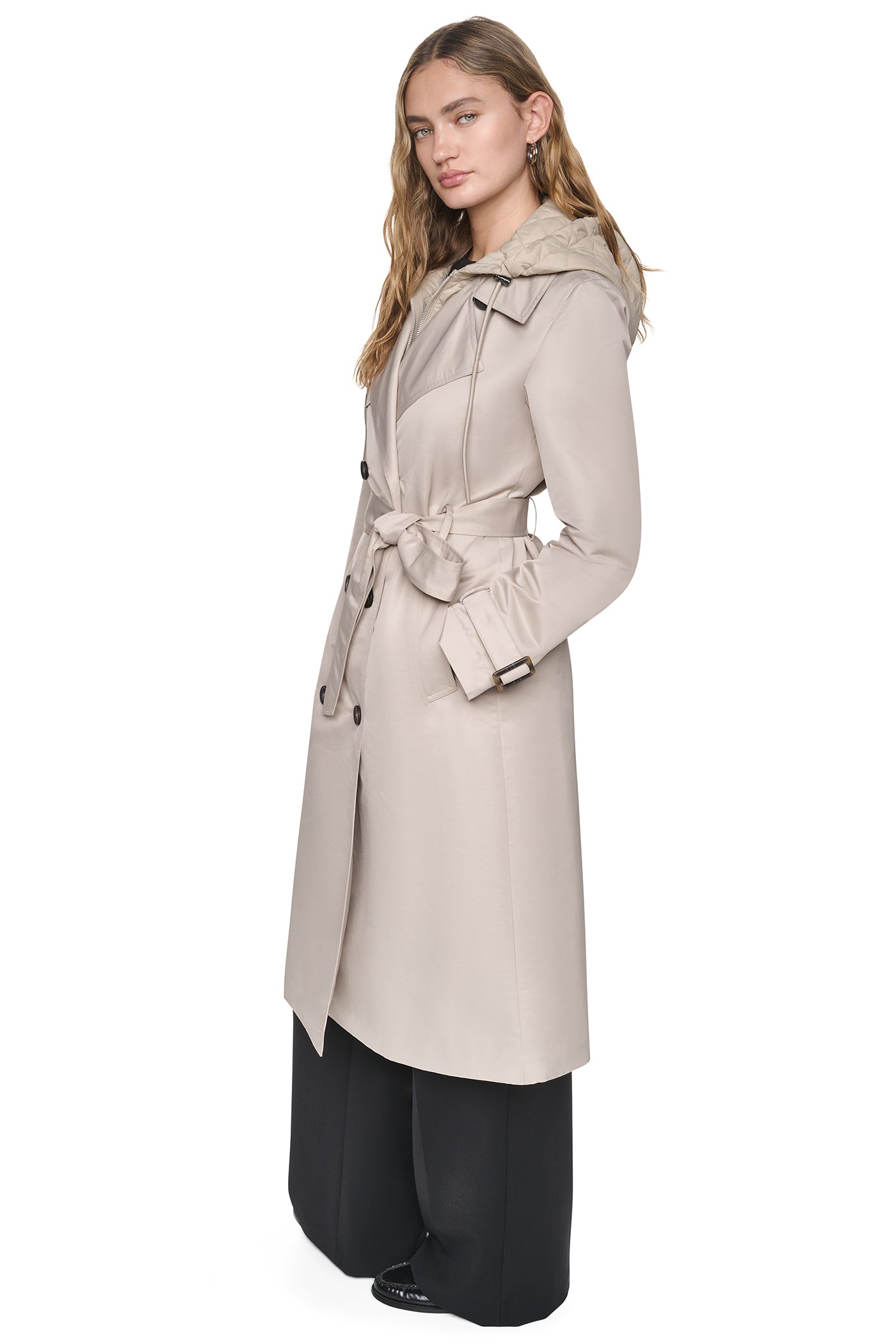 DOUBLE BREASTED QUILTED HOOD TRENCH VIEW 4