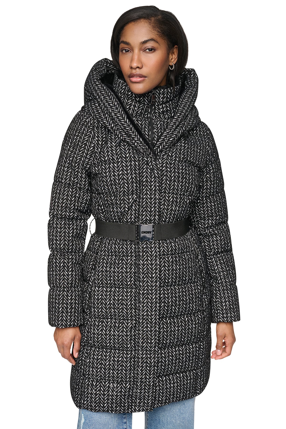 BELTED ASYMMETRICAL PUFFER WITH BIB VIEW 1