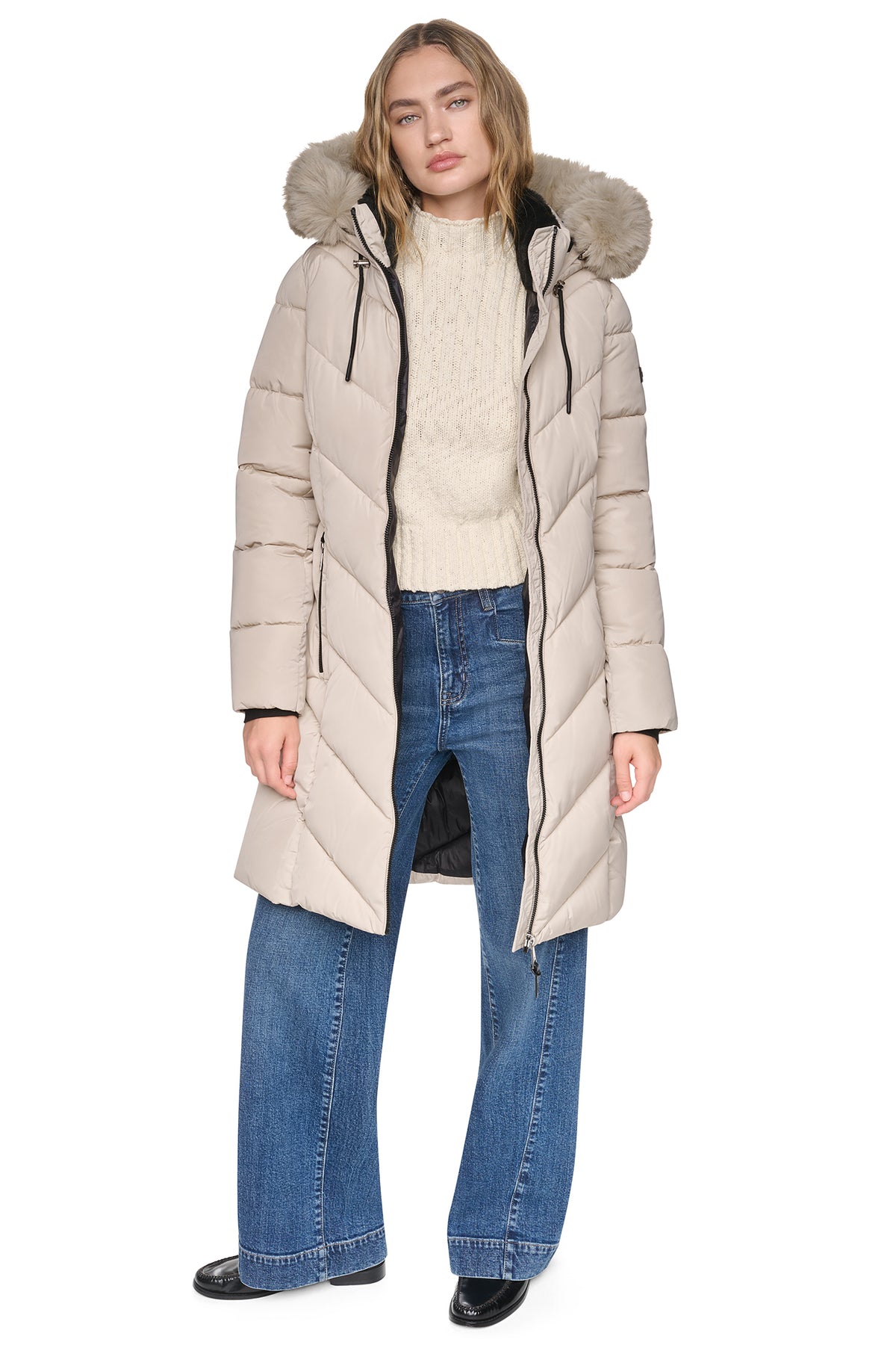 LONG PUFFER WITH FAUX FUR HOOD VIEW 2