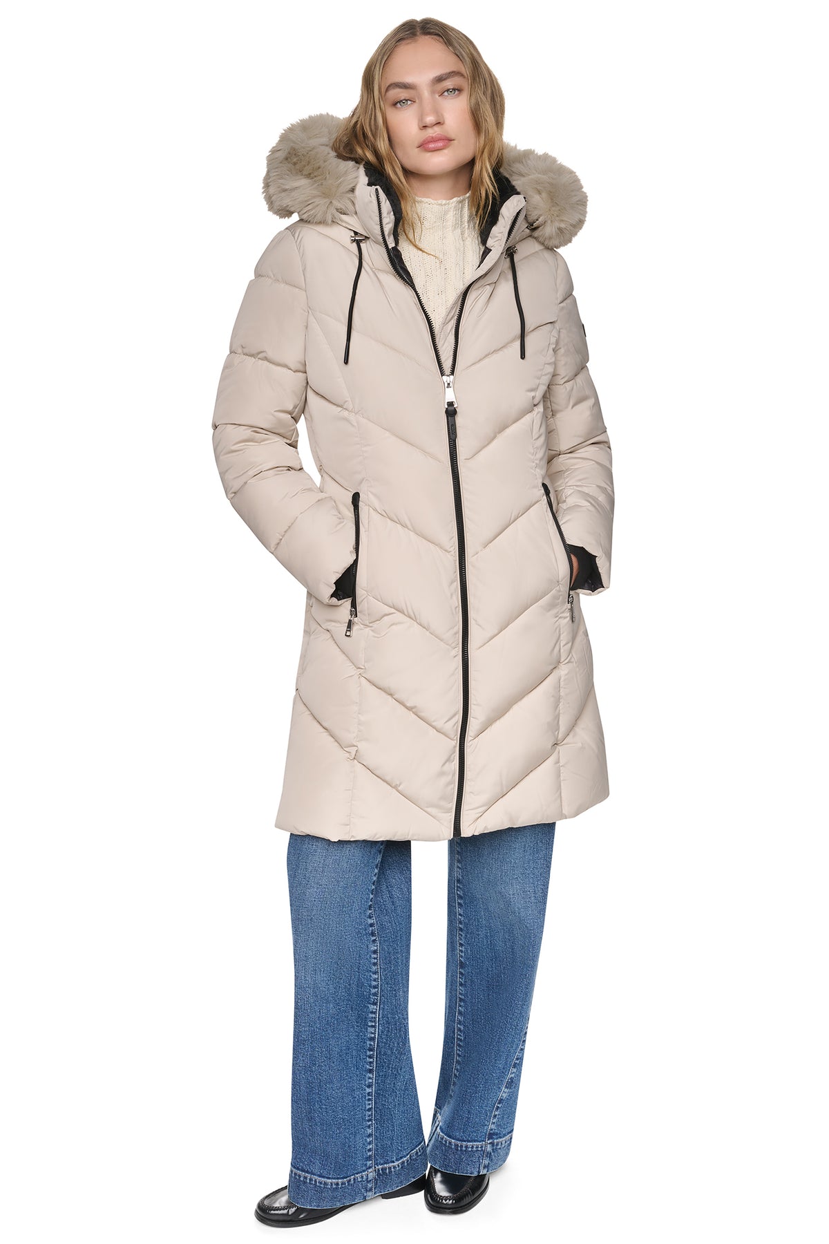 LONG PUFFER WITH FAUX FUR HOOD VIEW 2
