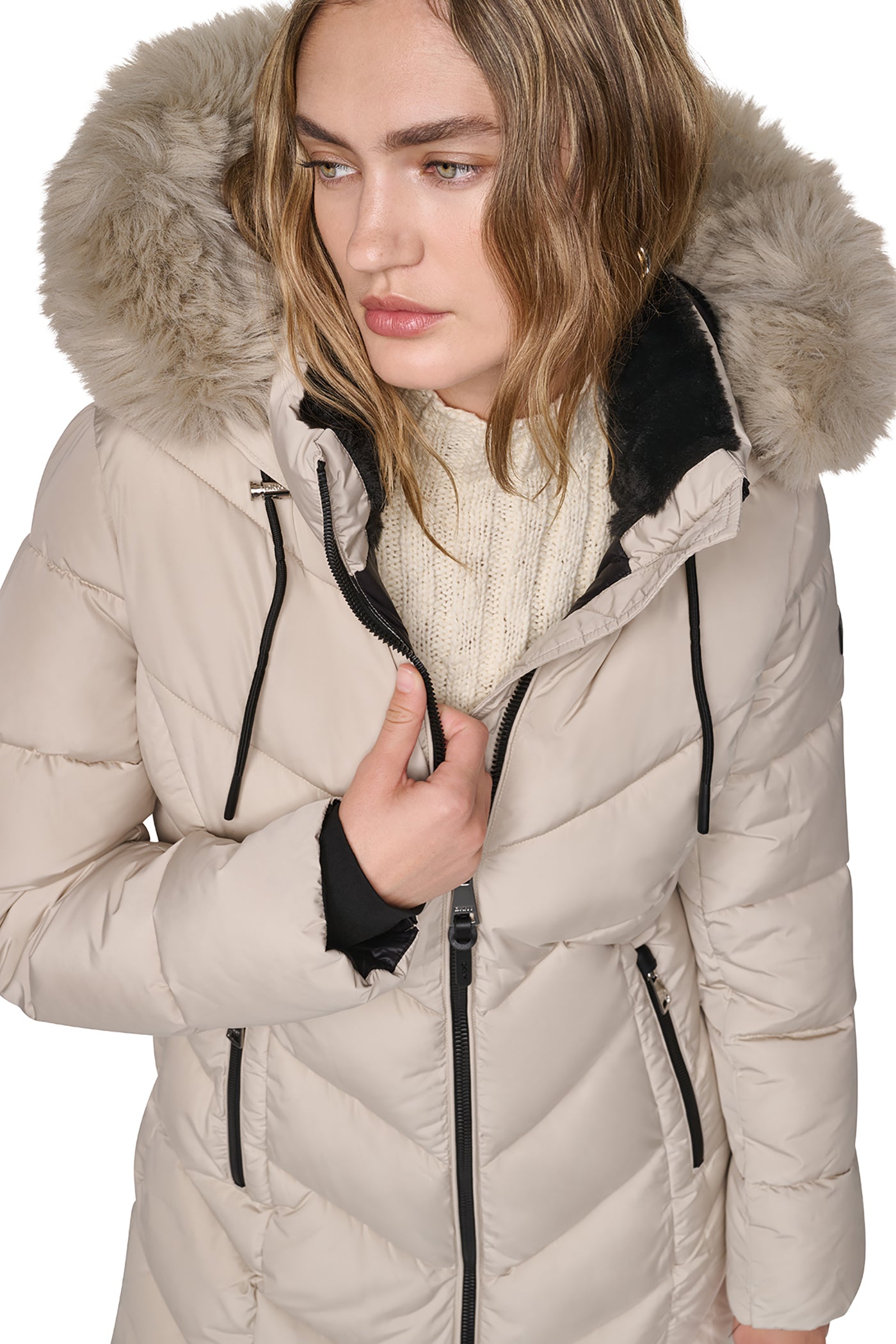 LONG PUFFER WITH FAUX FUR HOOD VIEW 2