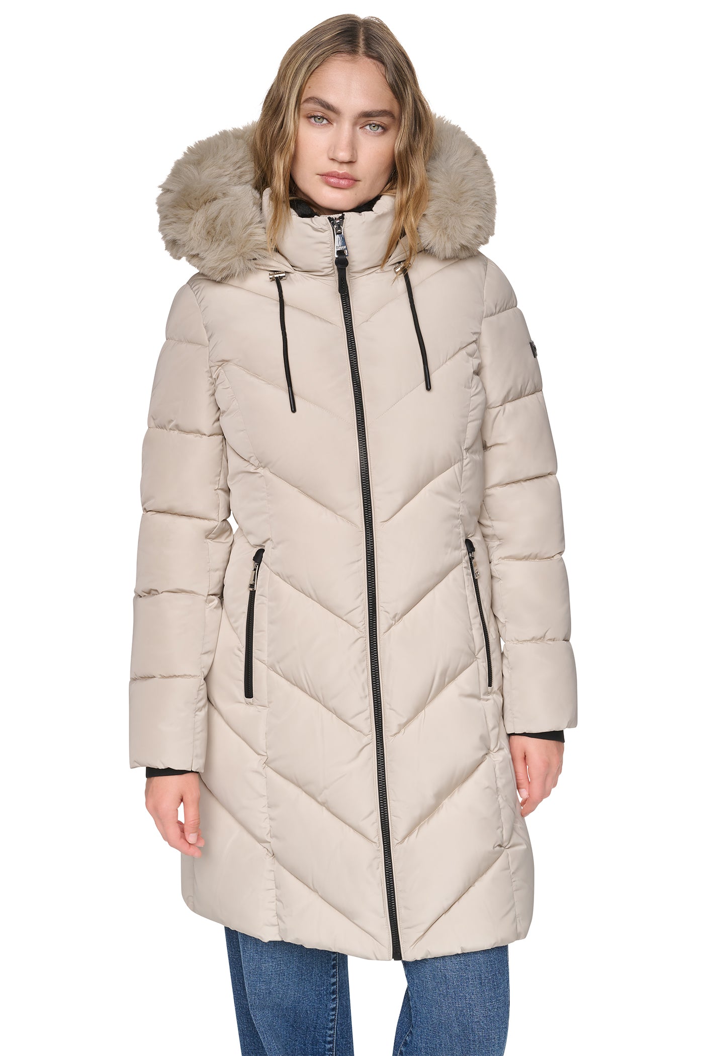 LONG PUFFER WITH FAUX FUR HOOD VIEW 2