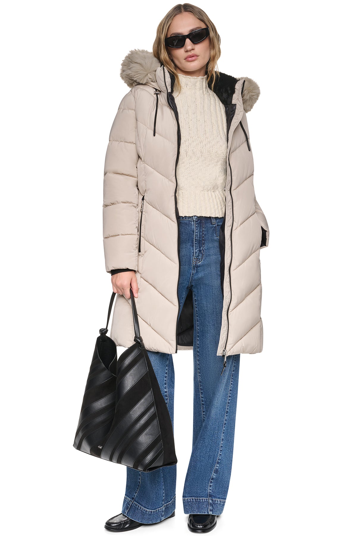 LONG PUFFER WITH FAUX FUR HOOD VIEW 1